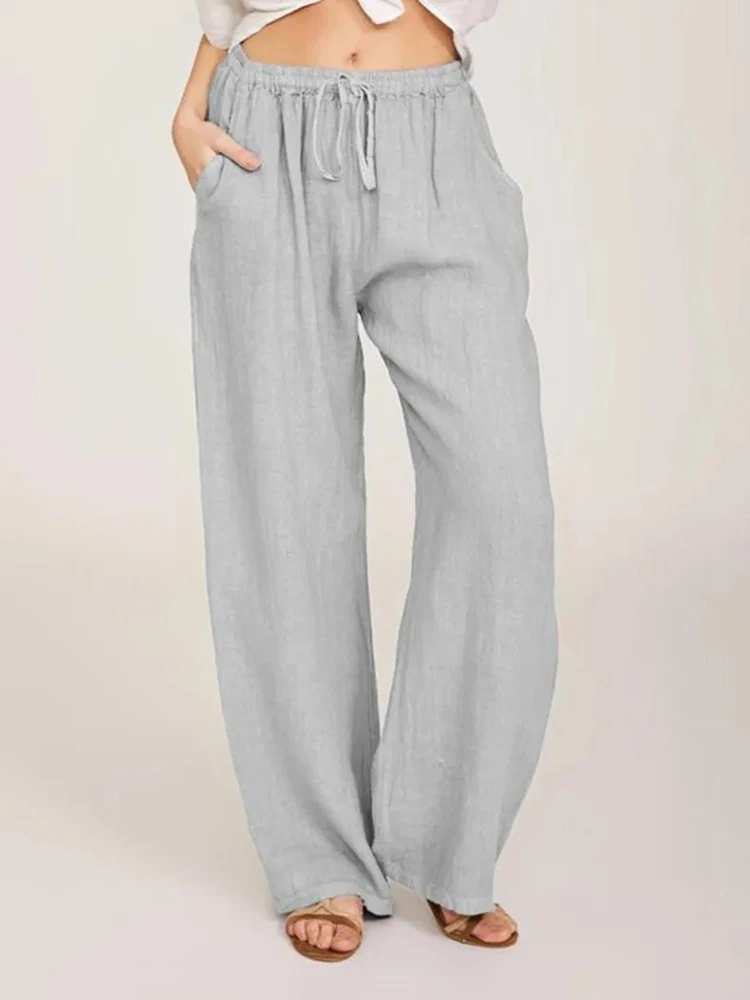 Pantalones de lino y algodón para mujer, pantalones de pierna ancha de cintura alta lisos de verano y otoño, pantalones deportivos informales transpirables de cáñamo sueltos para mujer