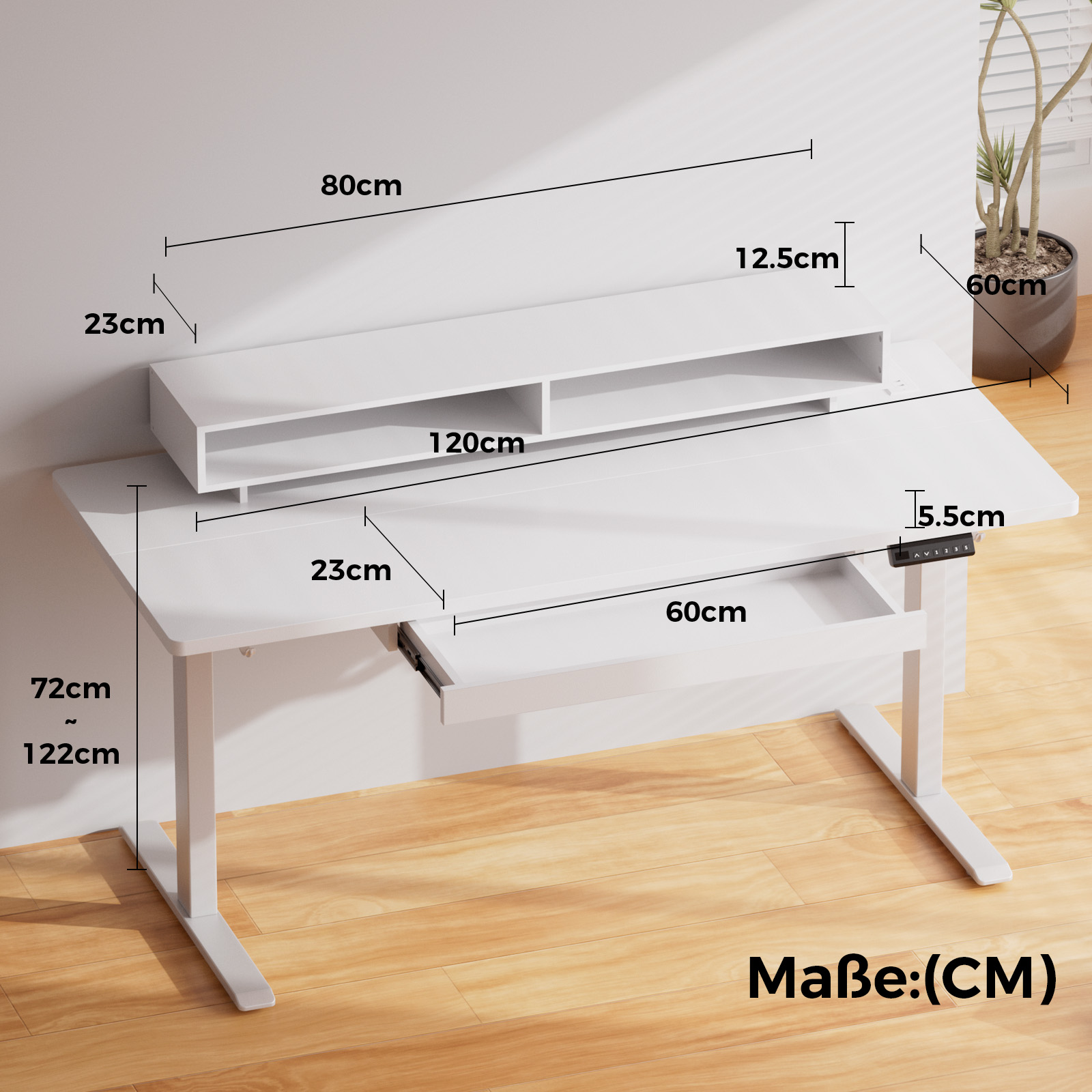 GTPLAYER Höhenverstellbarer Schreibtisch Elektrischer, 120x60cm Schreibtisch Schubladen und Monitorständer, Ideal für Büro