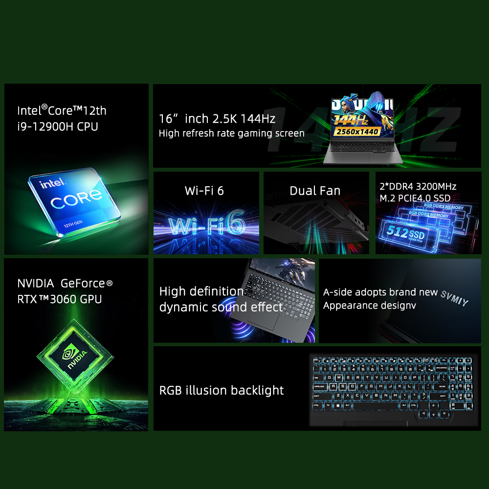 Hot Sale Gaming Laptop 16" FHD IPS-Type Display Intel Core i9 12900H i7-12700H Processor GeForce RTX 3060 GDDR6 6GB Windows 11