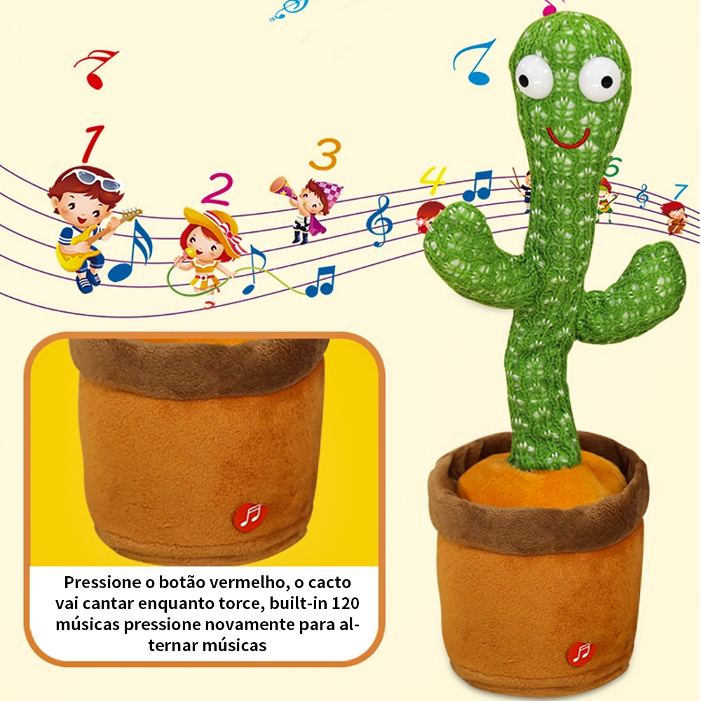 Cacto Dançante Falante Interativo com Som Musicas Repete Música, Dança, Luzes