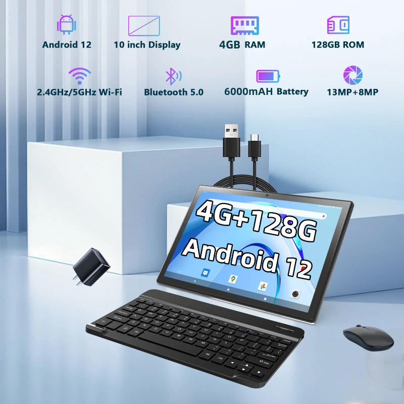 Heiße Verkäufe 4 GB RAM 128 GB ROM 10,1 Zoll Android 12 Tablet Octa Core MTK8183 8,0 MP + 13,0 MP GPS Bluetooth 5.0 6000 mAh 1 x Typ-C USB