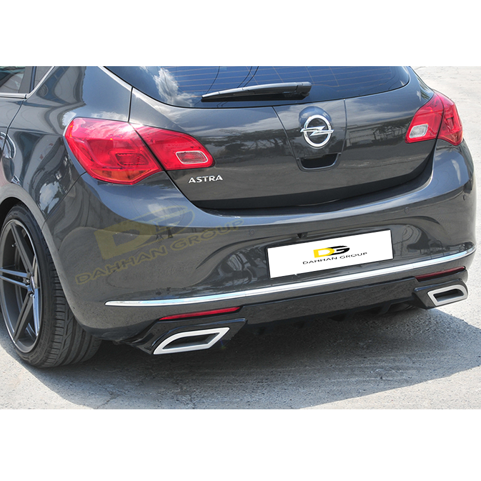 Opel Astra J 2012 - 2015 HB Sport Style difusor trasero, labio con 2 puntas cromadas, Piano izquierdo y derecho, plástico negro brillante, Kit OPC