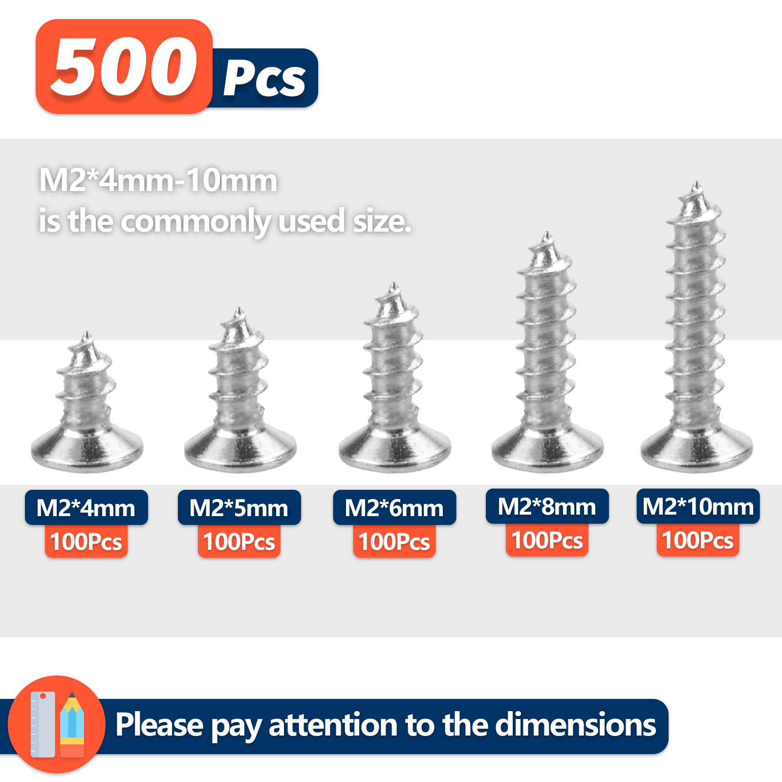 500Pcs M2 Self Tapping Phillips Screws Assortment Kit 5 Sizes Alloy Steel Cross Drive Flat Head Self Drilling Wood Screws DIY