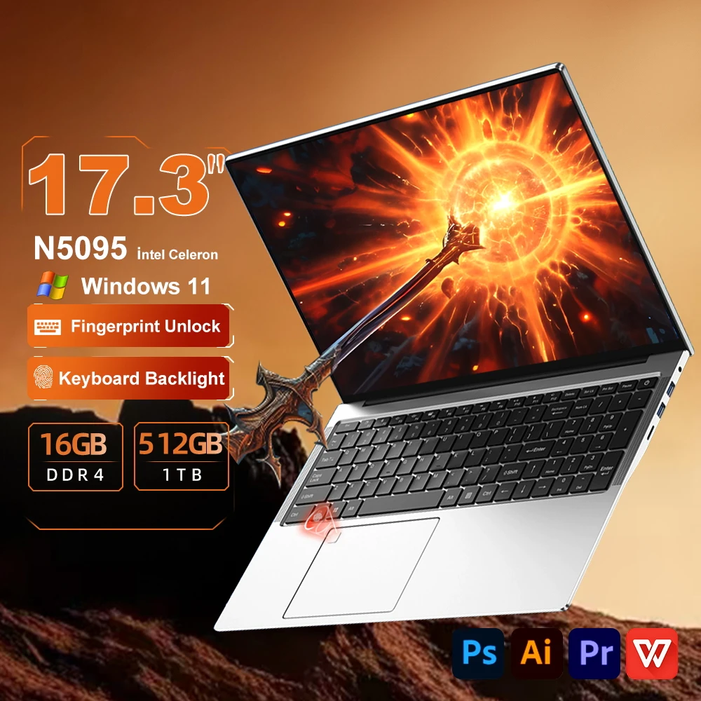Xiaman 17,3-inch laptop Intel Celeron N5095 16GB DDR4 1TB SSD Windows 11 Vingerafdruk Kantoorlaptops Notebook Computer PC