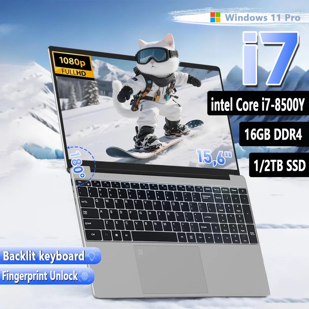 Laptop ultrasottile da 15,6" Intel Core 8500Y 16GB RAM 1TB SSD Notebook 1920*1080 Display HD Computer da studio per ufficio PC Windows 11 Pro