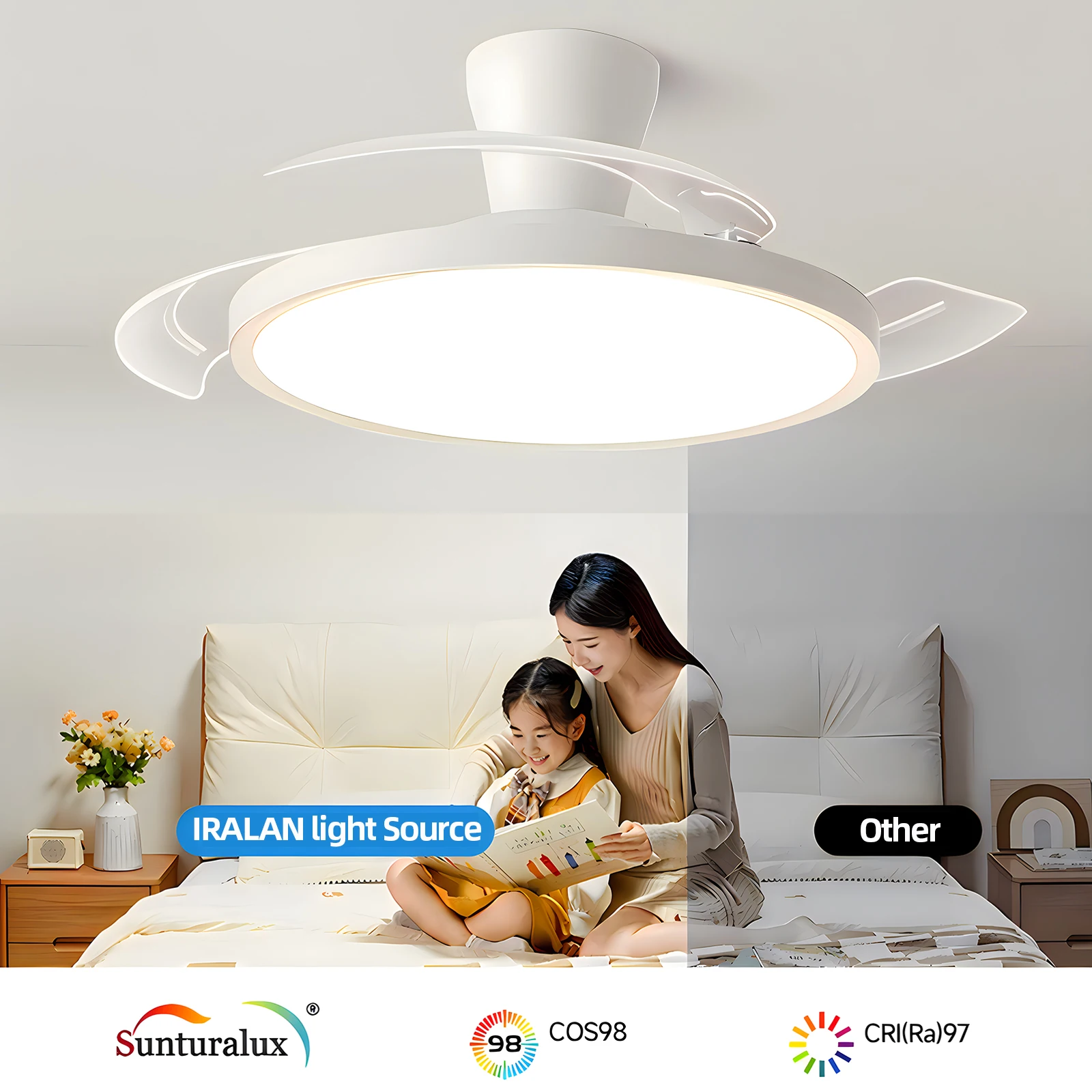 IRALAN Modern Invisible Ceiling Fan with LED Light DC motor Large Air Volume Remote Control for Bedroom Dining room