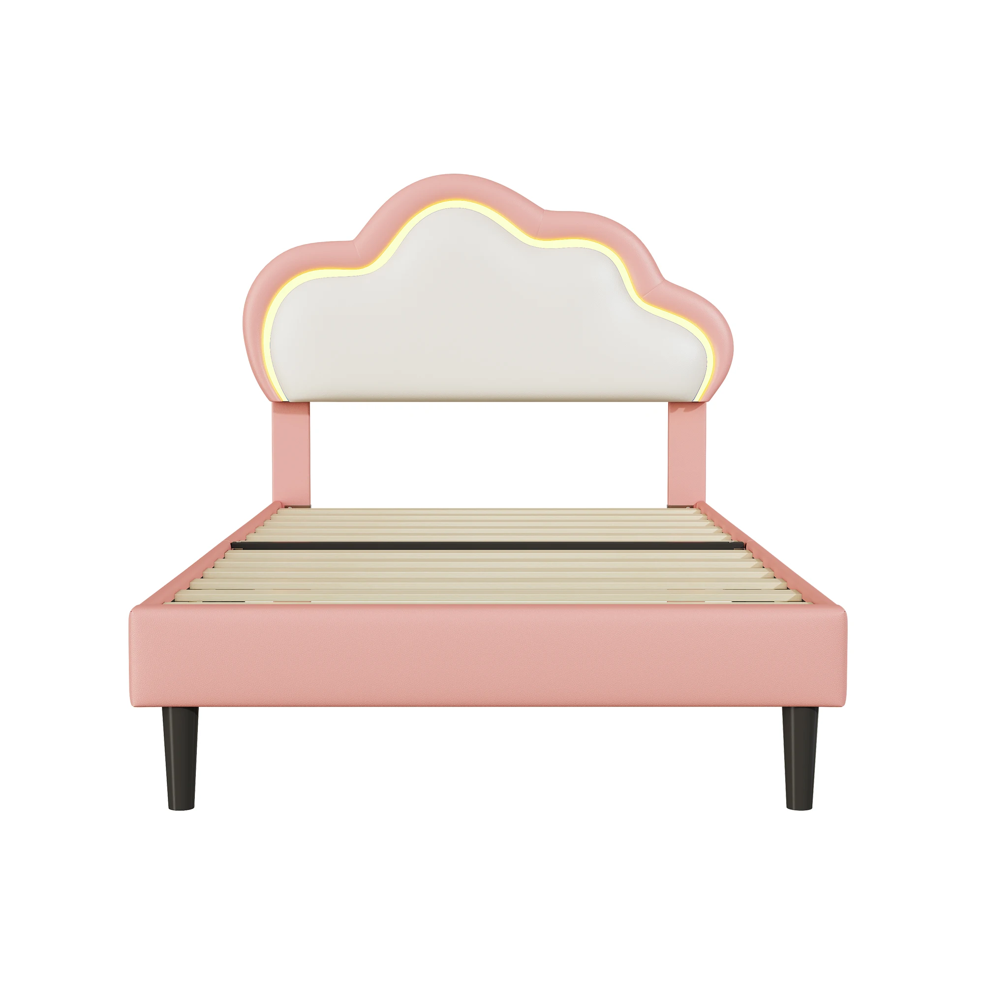Comanlai Children's bed 90x200cm with cloud-shaped headboard, with multi-color changing LEDs, velvet fabric, beige