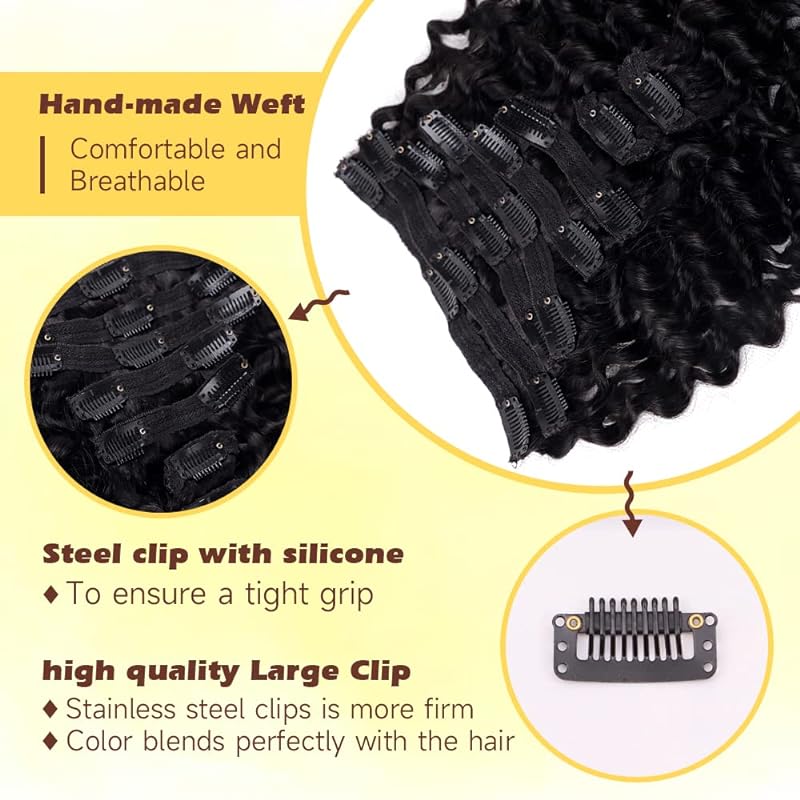 Deep Wave คลิปต่อผมมนุษย์ 120g คลิปในส่วนขยายเต็มหัวบราซิลคลิปบน Curly Hair Extension สําหรับผู้หญิง # 1B
