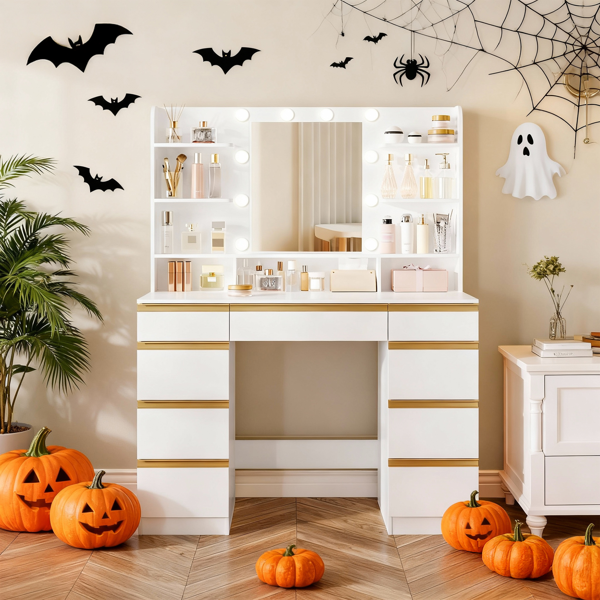 Hzuaneri Tocador con 10 bolas de luz LED, brillo ajustable, espejo HD grande, 1 cajón grande y 8 gabinetes de cajones pequeños