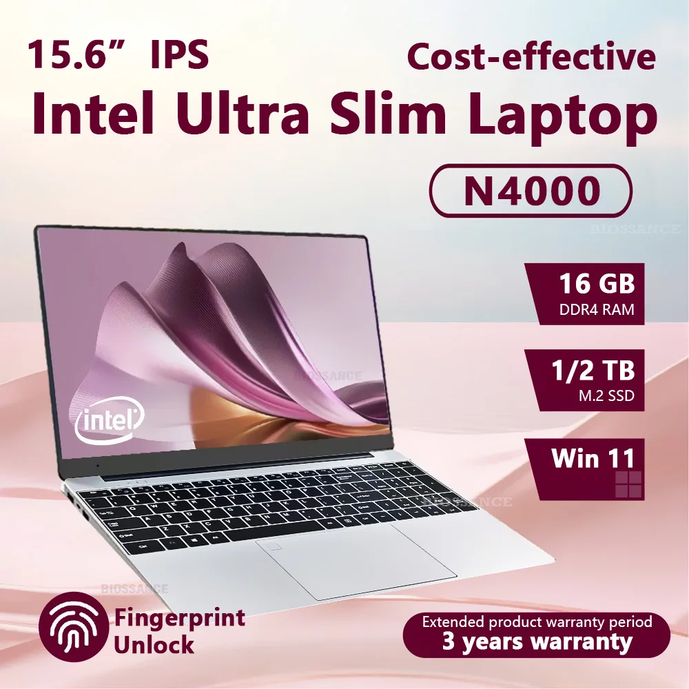Computador portátil de 15.6 ''Windows 11 Intel Celeron N4000 16GB DDR4 1TB 2TB SSD Escritório Estudo Gaming Notebook Impressão Digital Laptop PC