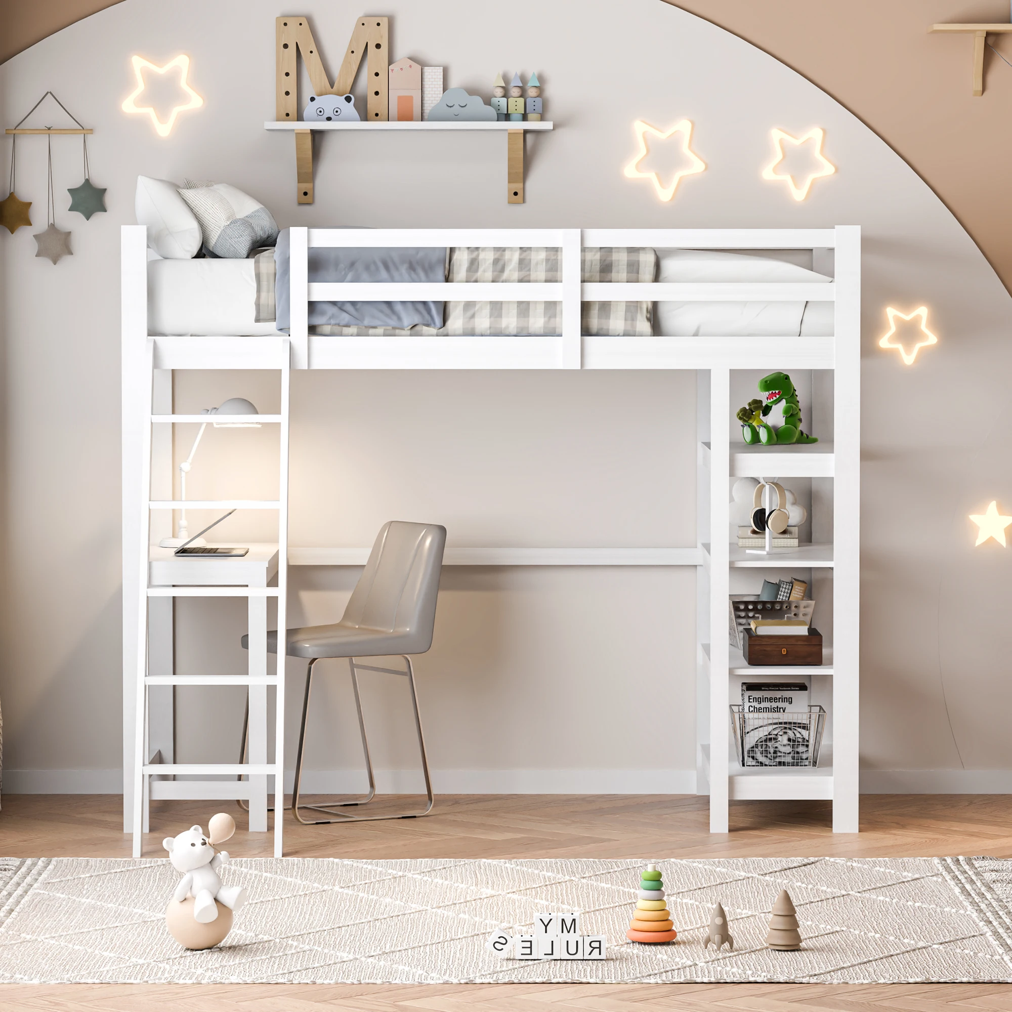Beliche infantil Rosahqnda 90x200 cm com compartimentos de armazenamento e mesa integrada, beliche infantil