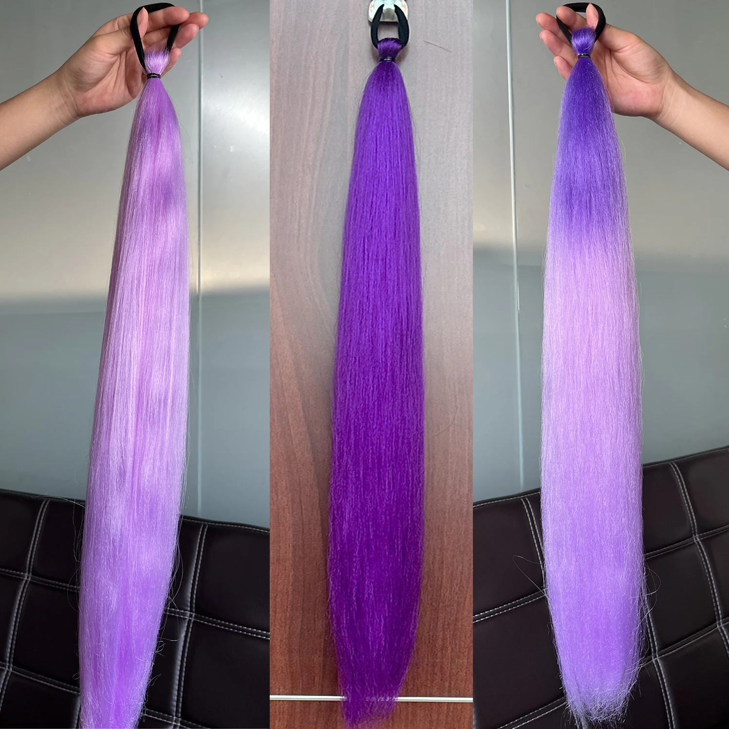 ผมหางม้าตรงยาว 28 นิ้ว สีม่วง แบบถักเปีย DIY พร้อมยางรัดผม อุปกรณ์เสริมผมสำหรับผู้หญิงในวันฮาโลวีน