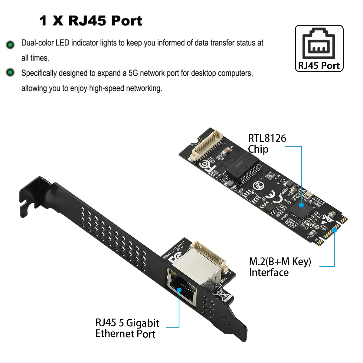 IOCREST 5GBase-T 1 порт 5000 Мбит/с M.2 b Ключ M ключ к PCIe 5 Гб Ethernet-карта RTL8126 RJ45 LAN контроллер карта