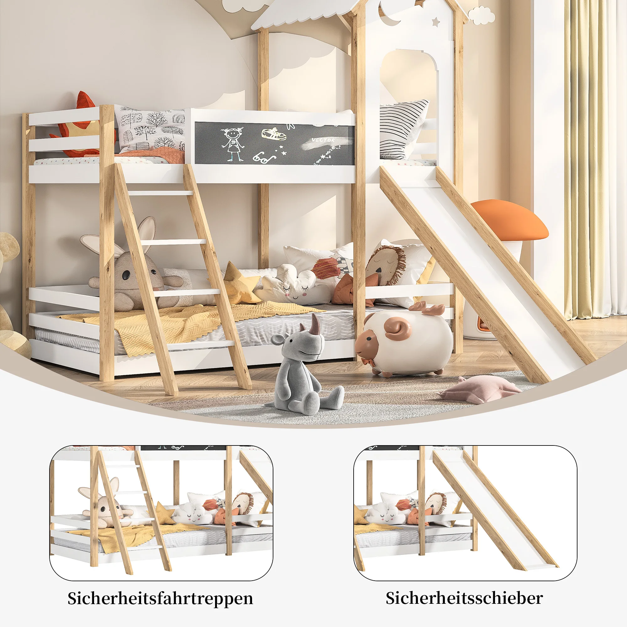 Letto matrimoniale 90x200cm con scale e scivoli, letto con recinzione, letto con lavagna per bambini, legno massello ecologico