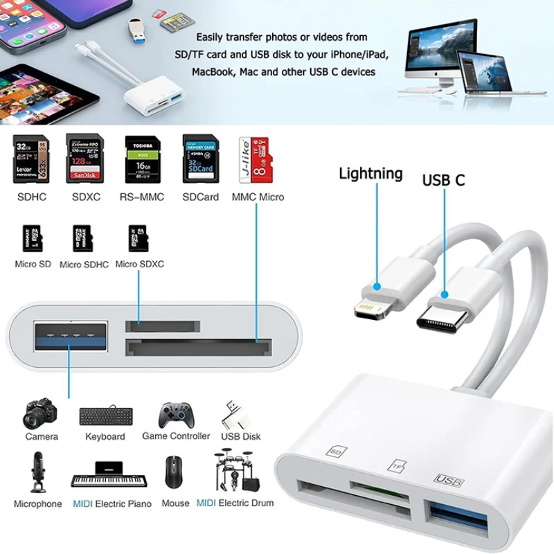 Устройство чтения карт SD 5-в-1 Адаптер Lightning/Type C к USB 3.0/SD/TF Устройство чтения карт памяти для iPhone iPad MacBook Samsung Android