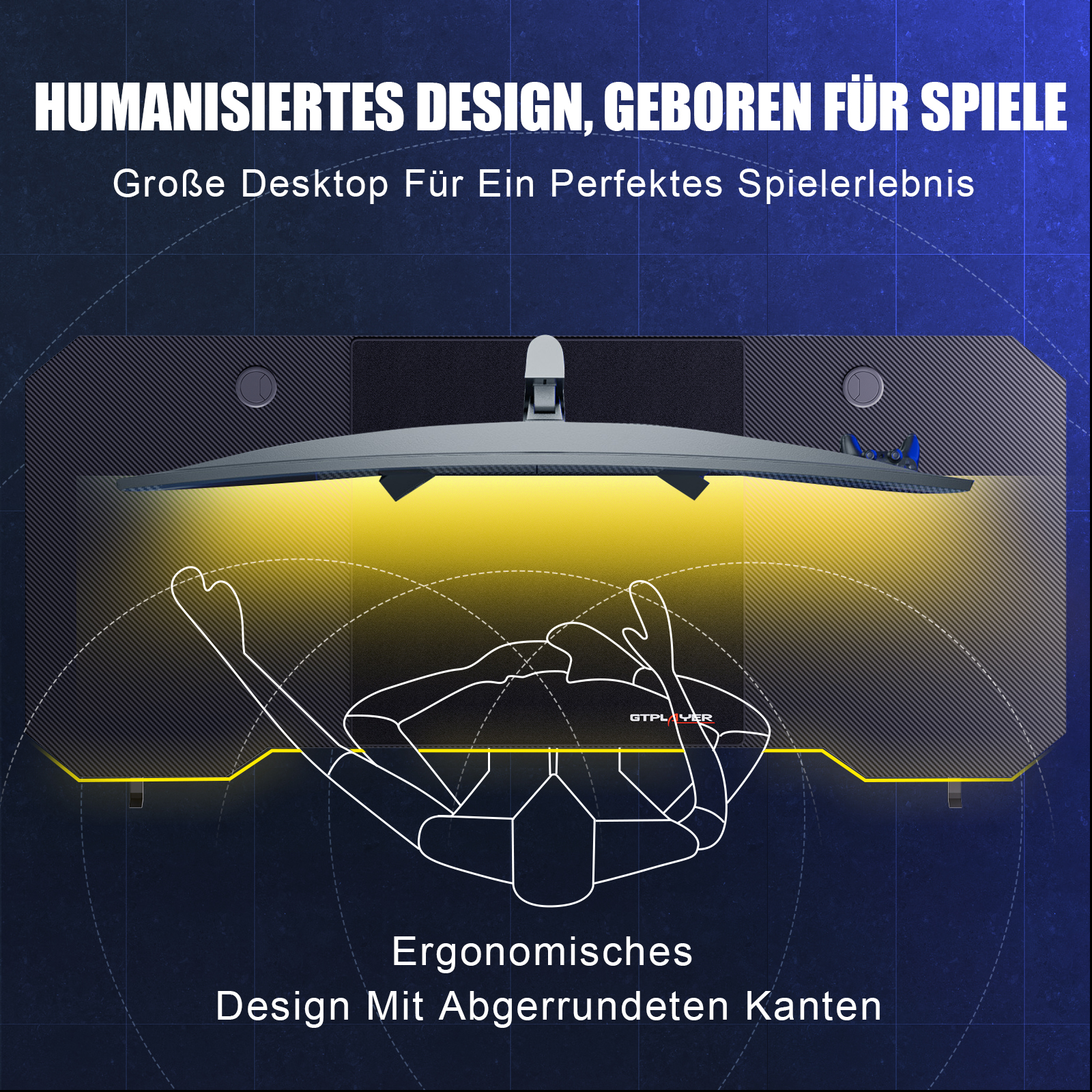 GTPLAYER Gamingtafel, Gaming bureau 120x60cm, PC-tafel Gamertafel met koolstofvezeloppervlak/LED/aansluiting, Zwart