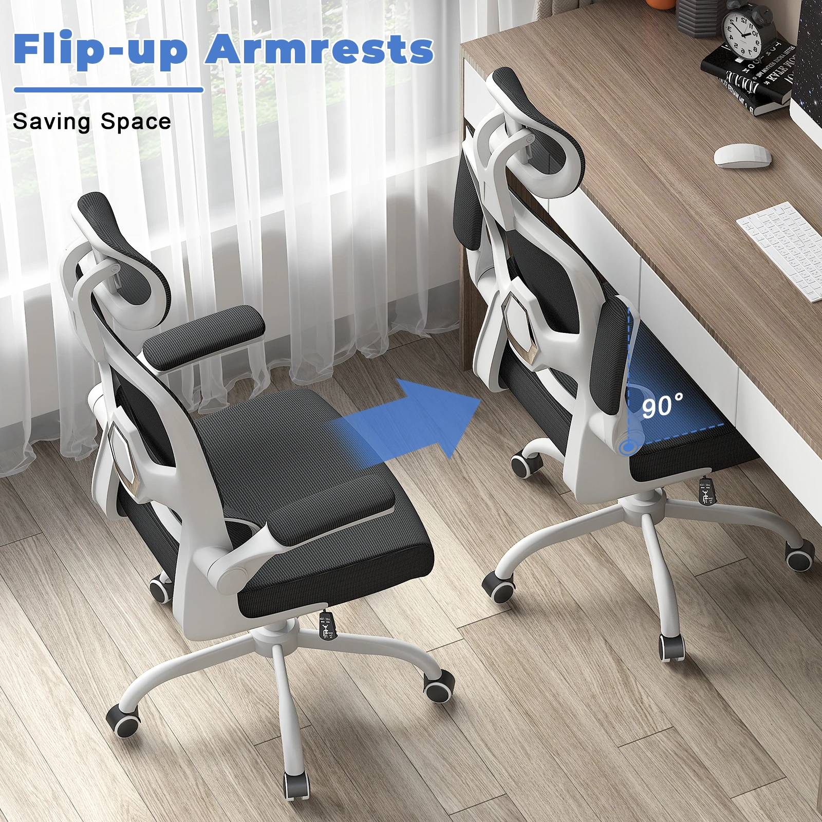 Naspaluro Cadeira de escritório ergonômica Cadeira de mesa com apoio de braço dobrável Cadeira giratória para jogos com encosto respirável e altura ajustável