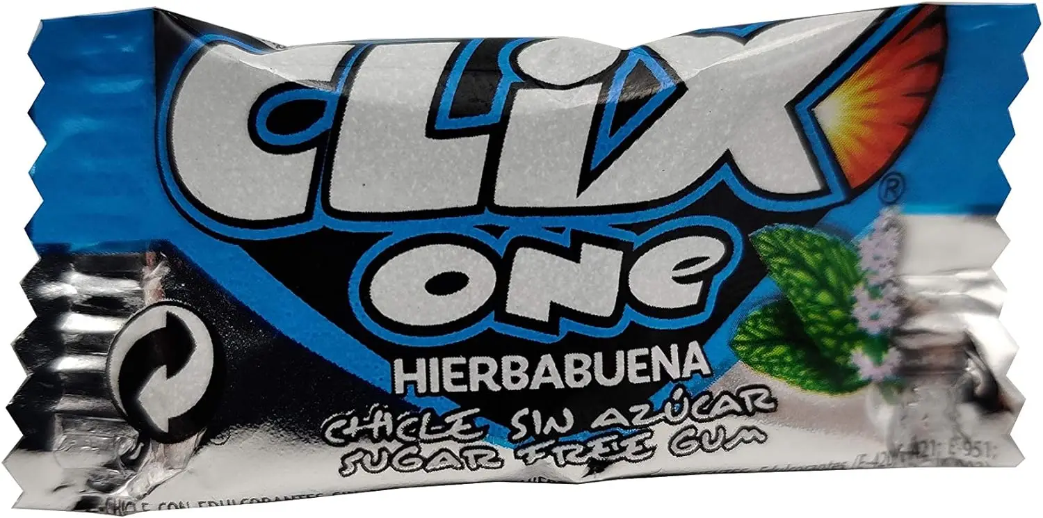 Caixa de goma Clix sabor de hortelã-pimenta sem açúcar - goma individual sem açúcar dragea sabor menta e embalada individualmente. Sem Glúten. Caixa de 200 gomas.