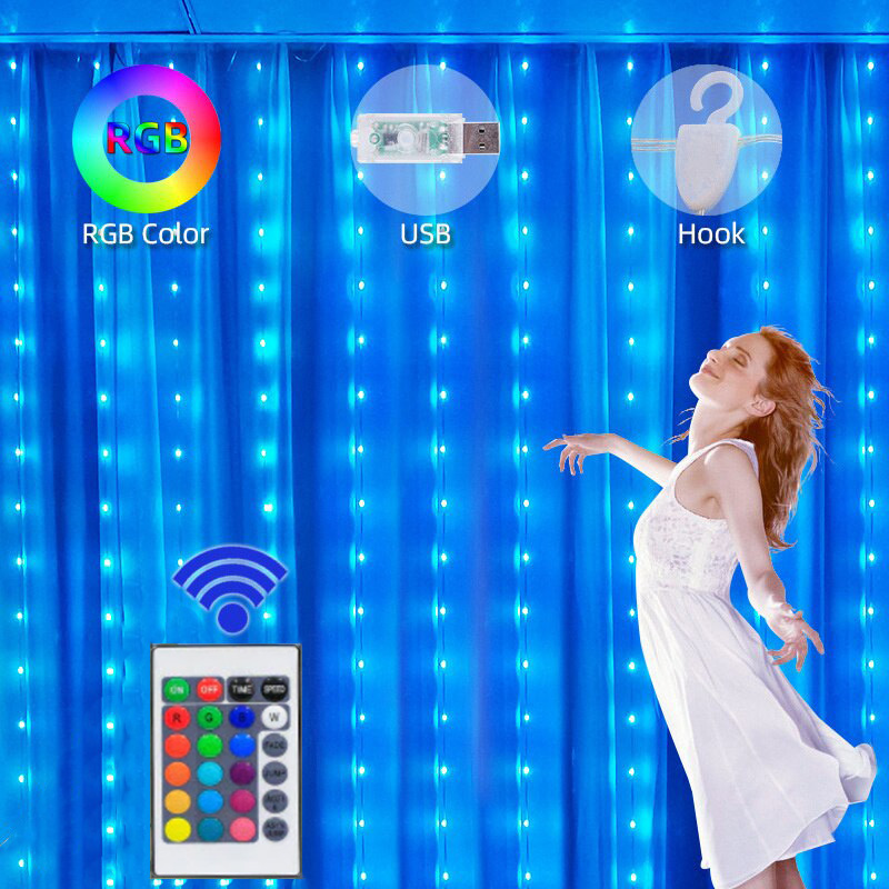 LED Window Curtain String Lights 16 Color Fairy Light Remote Control Christmas Garland Outdoor Wedding Party Bedroom Decoration