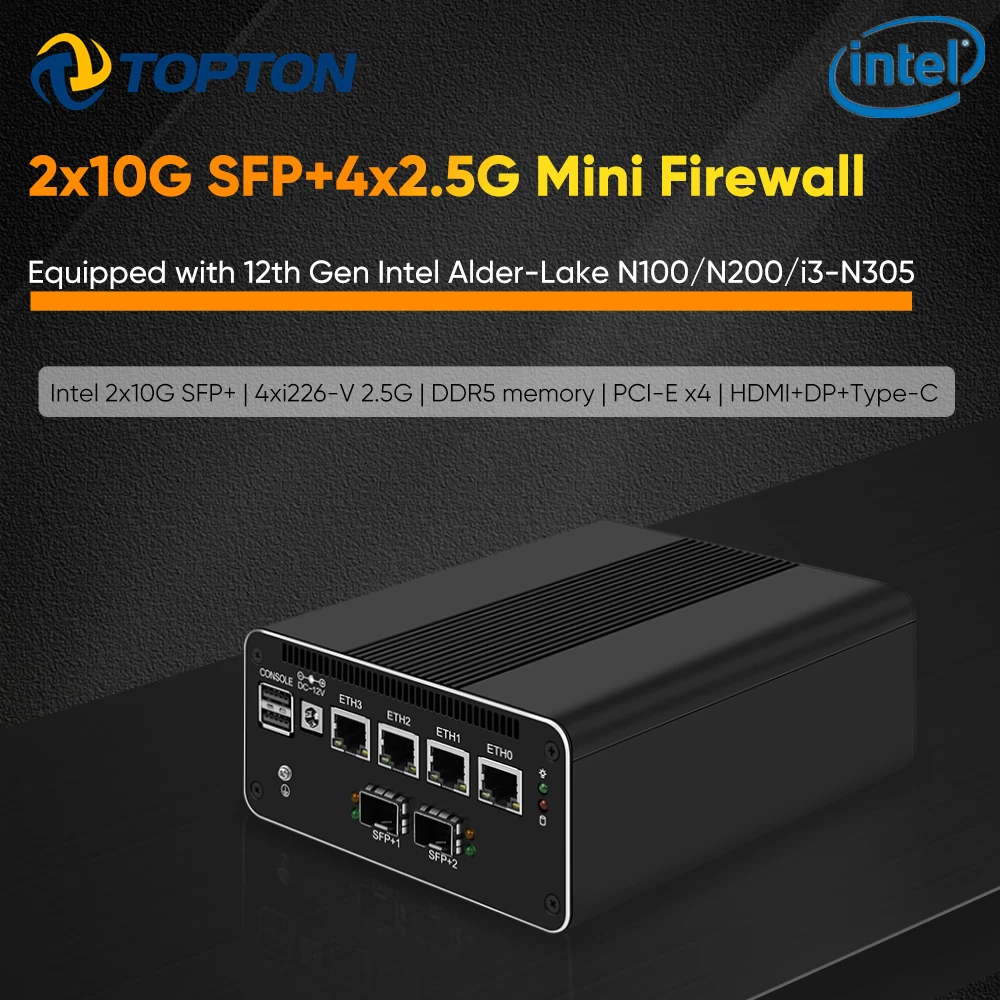 Venda Quente Aparelho firewall de 12a geração, 2*10g sfp intel i3-N305 n100 4x i226-V 2.5g ddr5 nvme, roteador macio, mini pc, servidor proxmox