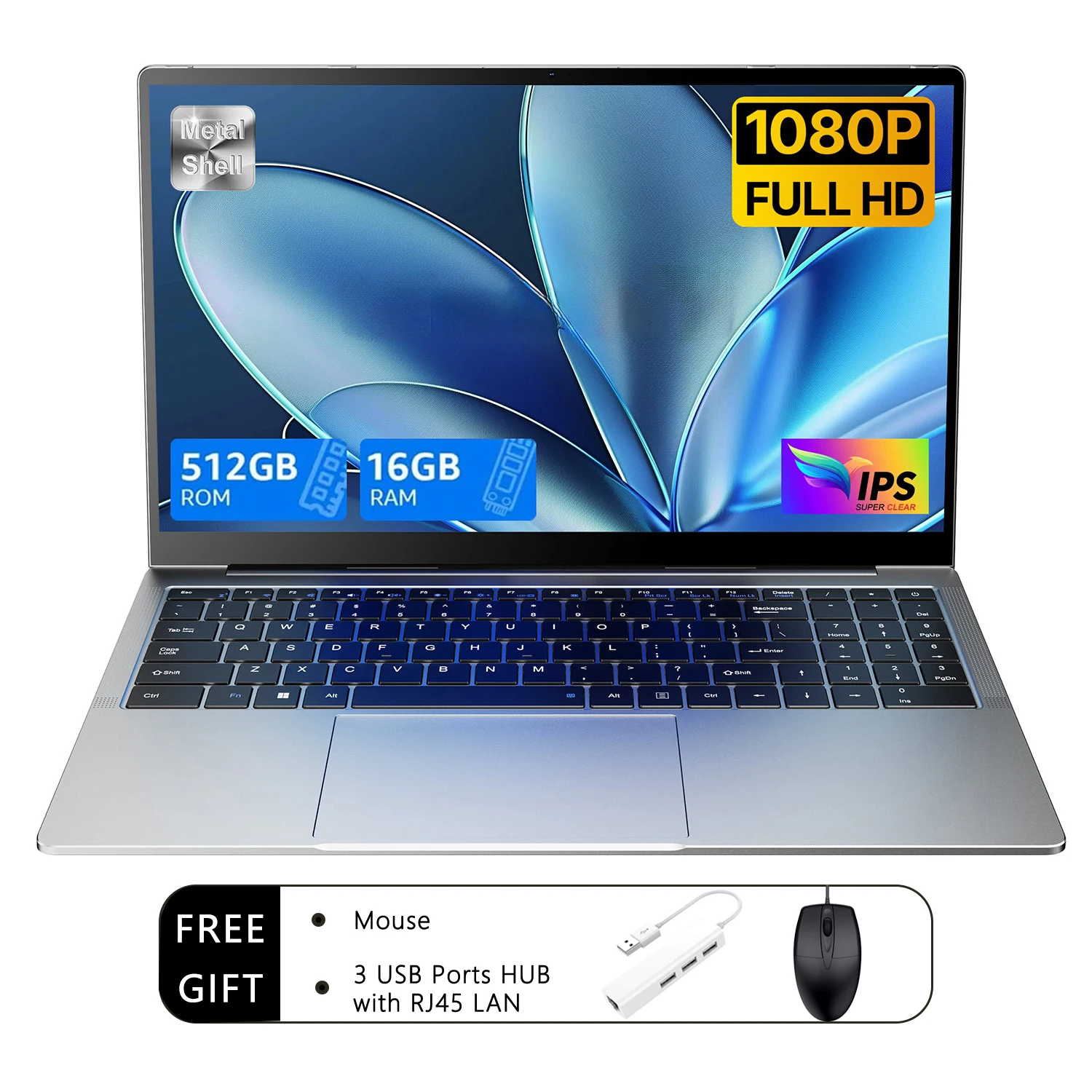 Przenośny laptop 15,6 cala Intel N150 16GB RAM 512GB SSD Windows 11, lekki, z podświetlaną klawiaturą, czytnikiem odcisków palców i Wi-Fi.