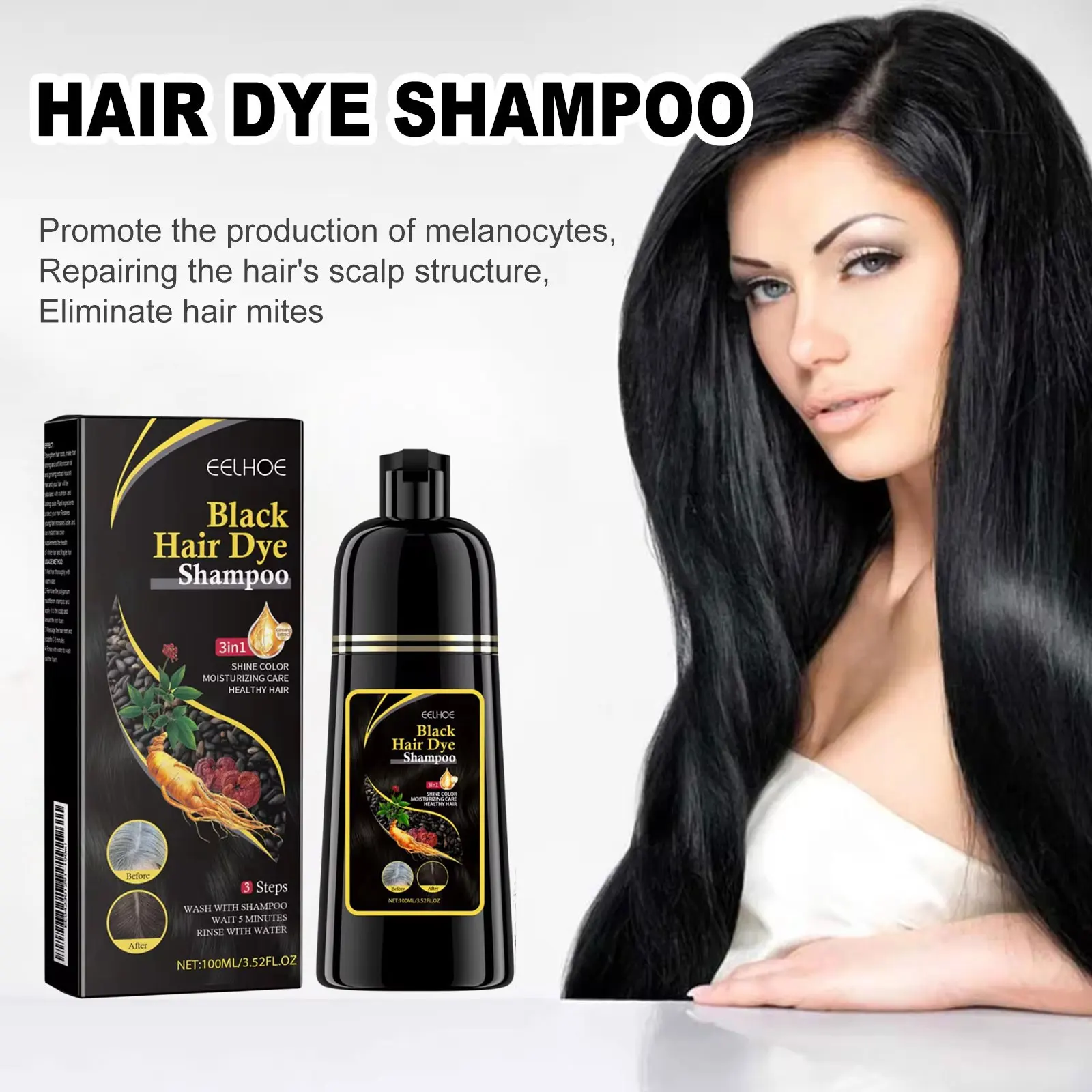 EELHOE 3-in-1-Haarfärbe-Shampoo zur Verdunkelung der Haare, reinigendes Haarfarbe-Shampoo Polygonum Multiflorum Growth of Hair Dye Shampoo 500 ml