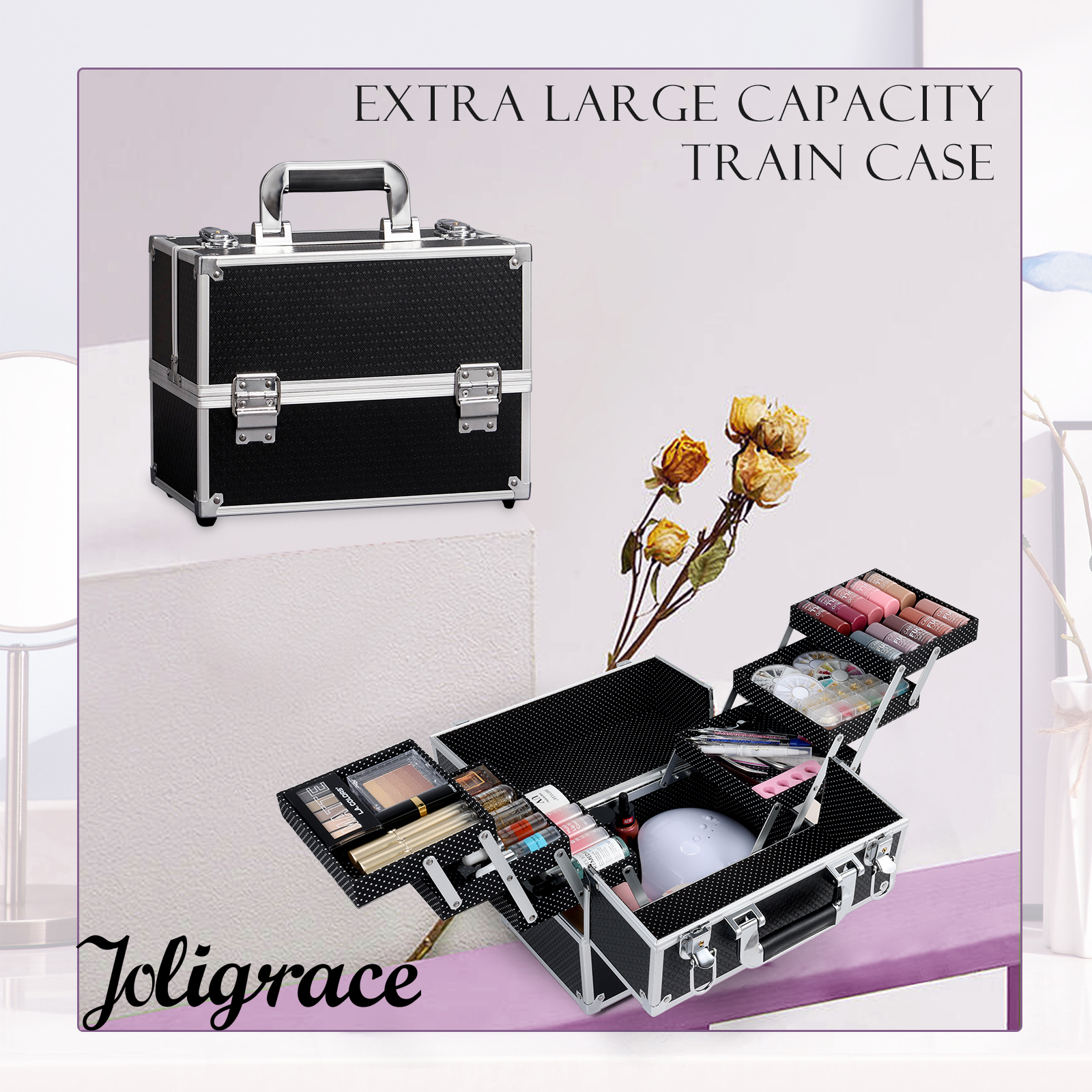 Maleta de uñas profesional, estuche de maquillaje portátil de gran capacidad para manicura con 6 bandejas, caja de maquillaje, llaves para artistas de maquillaje