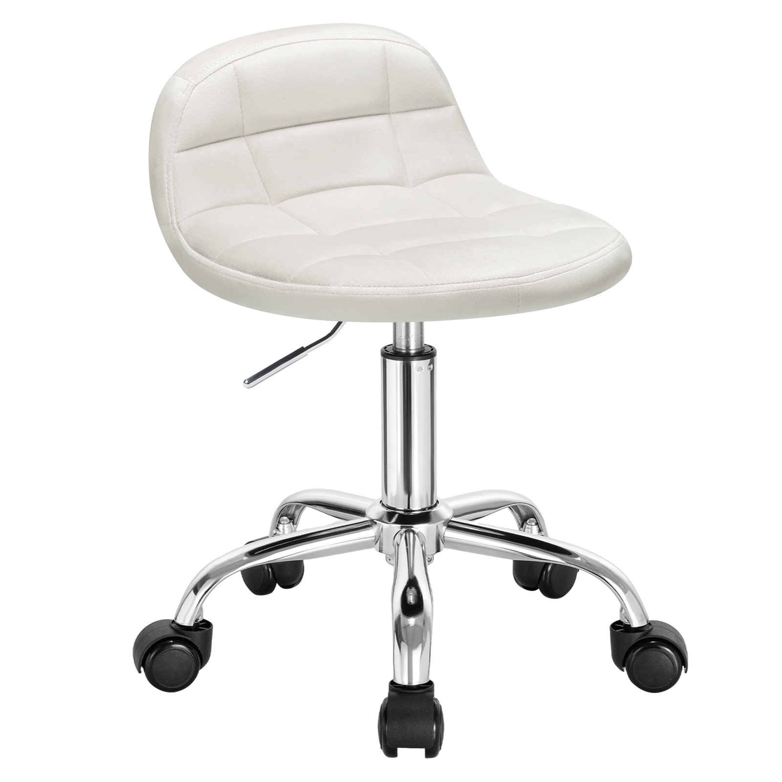 1 x Samt-Bürohocker mit Rollen, niedrige Rückenlehne, drehbarer Arbeitshocker, Computer-Schminkstuhl, höhenverstellbarer Rollwippe