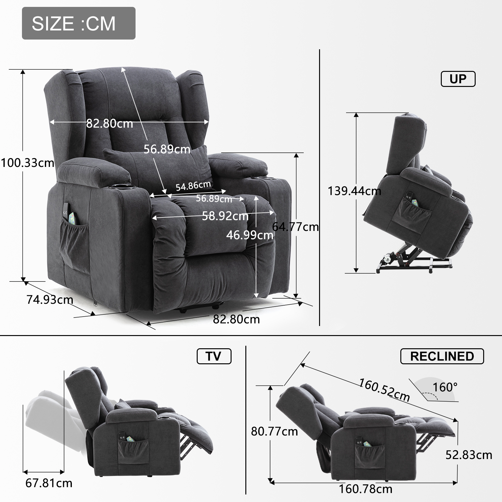 COMHOMA Sillón relax Sillón de masaje de ayuda de pie con superficie de tela Sillón de TV eléctrico con función reclinable de ayuda de pie