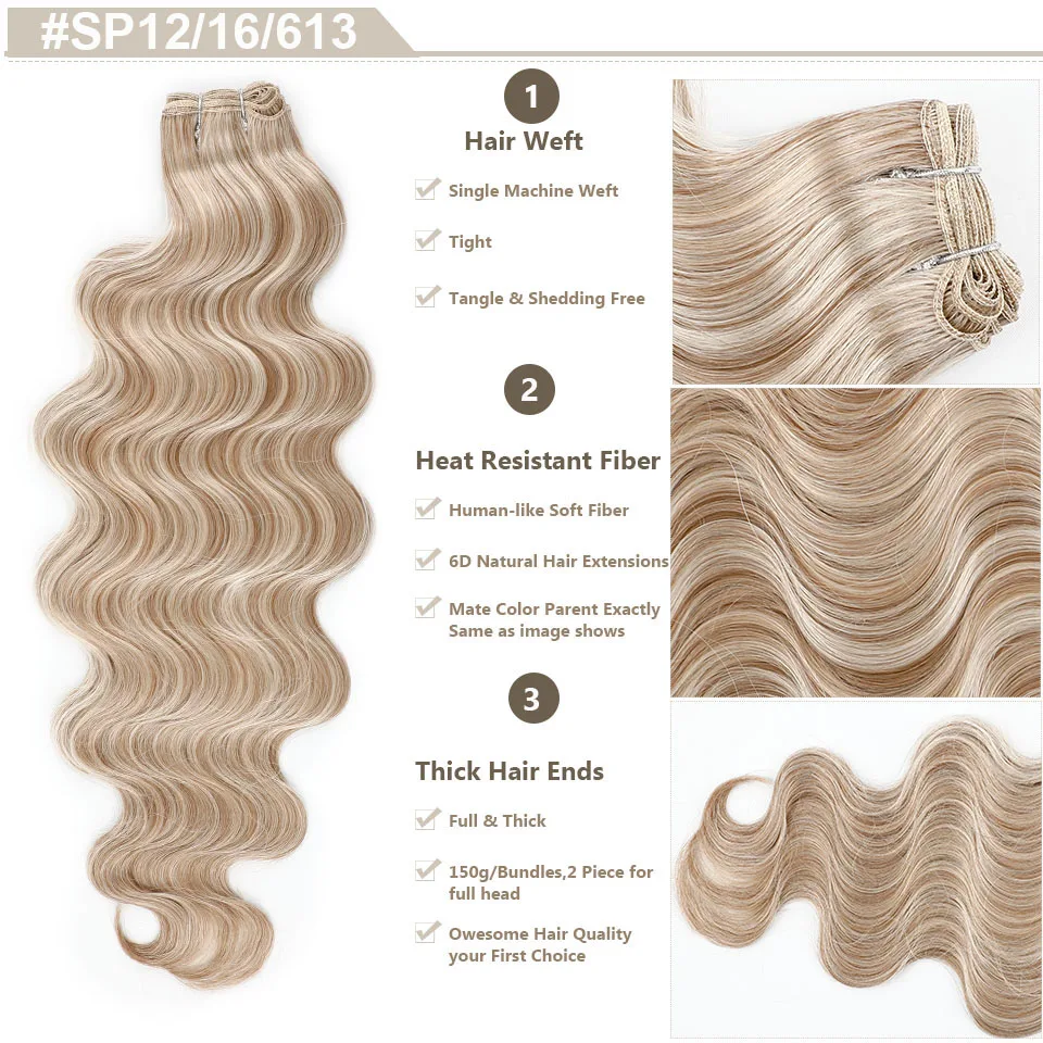 สี Ombre Body Wave สังเคราะห์ผมสานการรวมกลุ่มนุ่มเหมือนมนุษย์ทนความร้อนไฟเบอร์ Matte Body Wave ผมหางม้าทอผ้า
