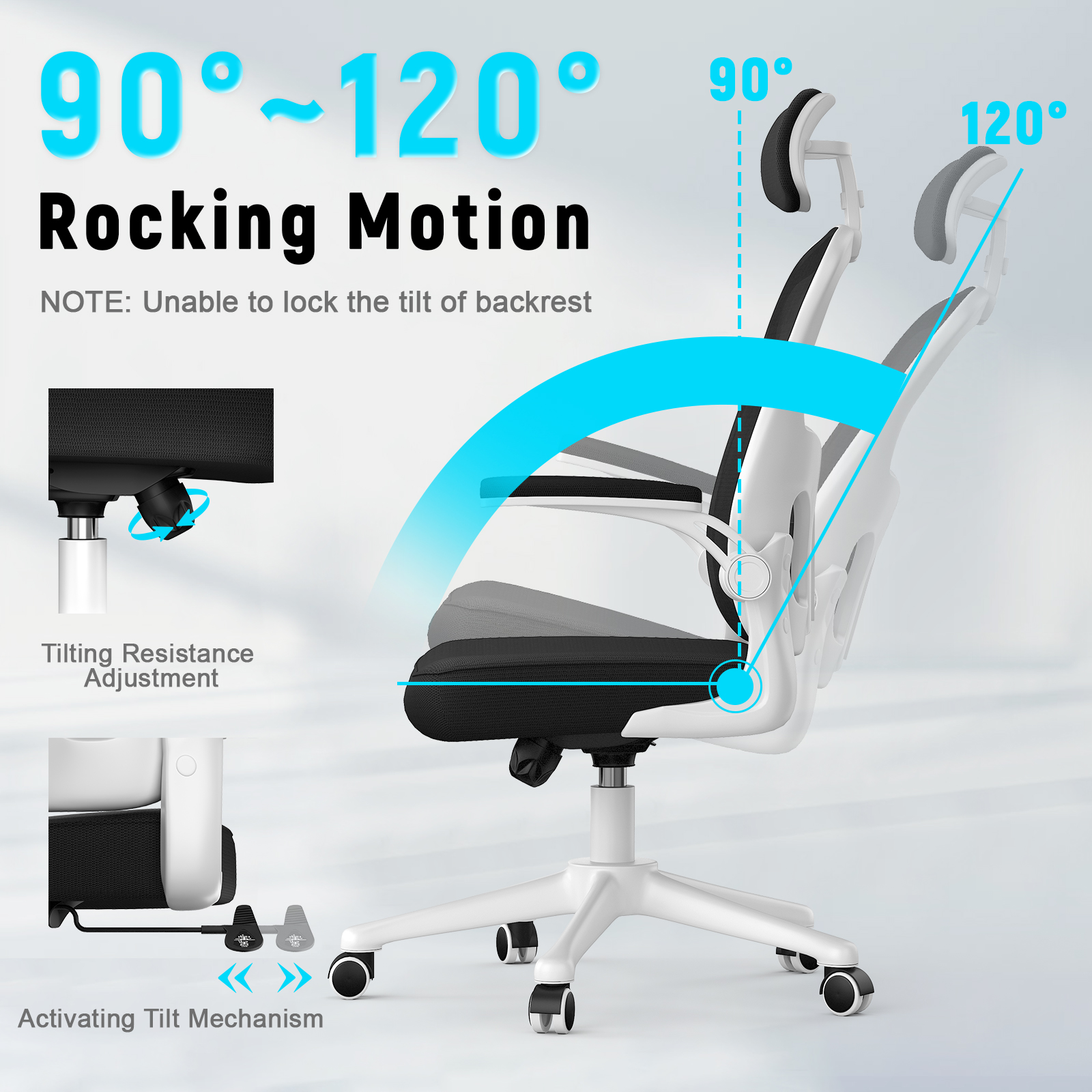Ergonomic Office Chair Breathable Mesh Cover Desk Chair Adjustable Armrests Headrest Lumbar Support 360° Swivel Chair