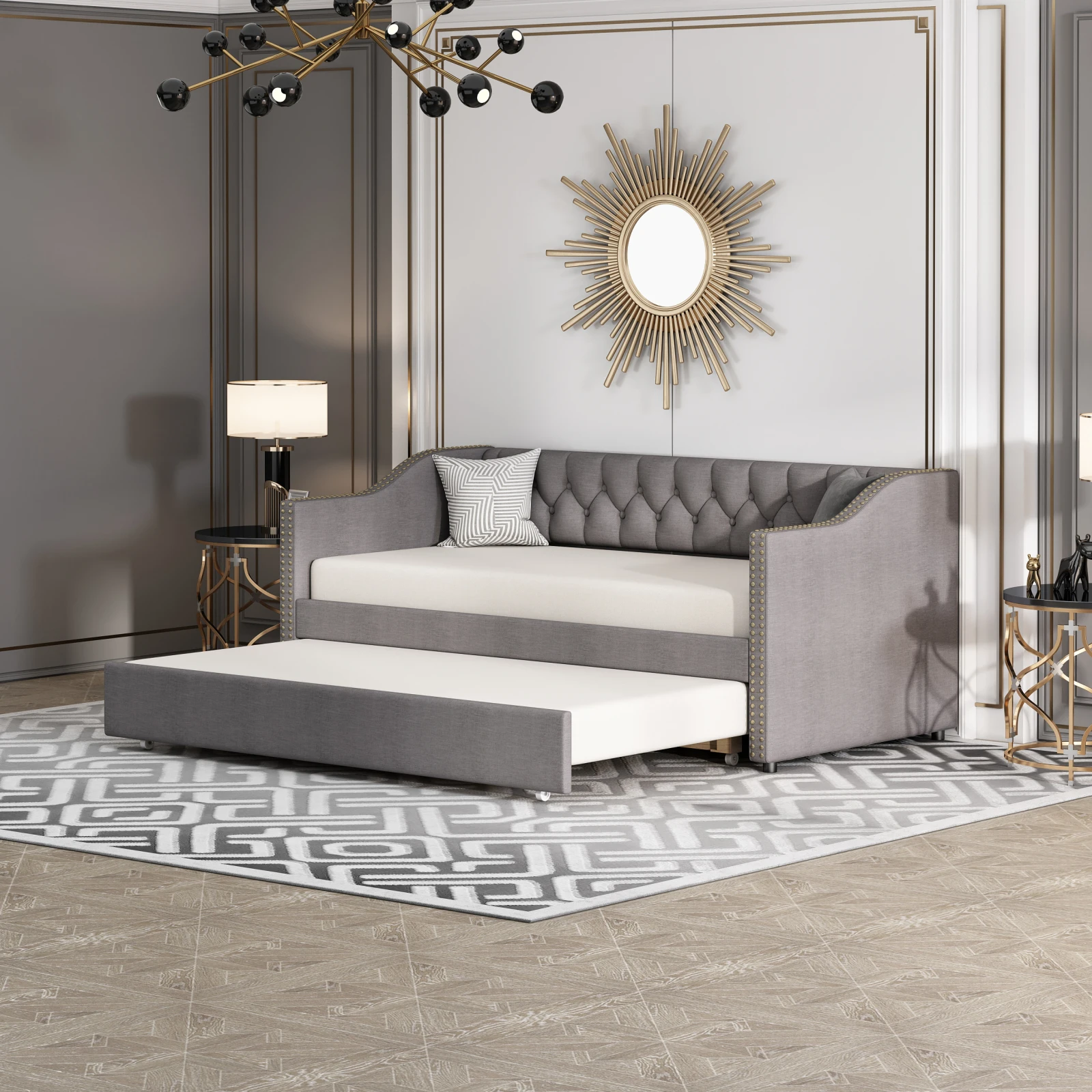 Struttura letto imbottita,90x200 cm, divano letto estraibile, tessuto di lino grigio resistente, letto giovanile, letto ospite