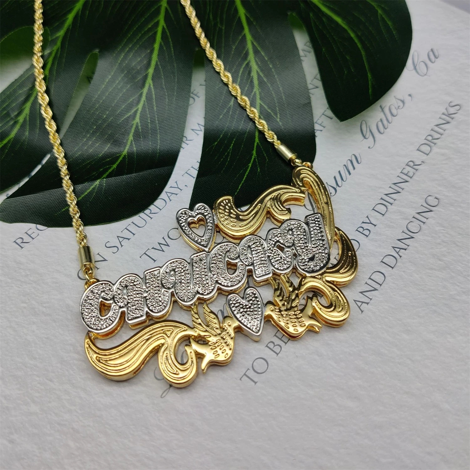 Collar con nombre personalizado, oro de 18 quilates, dos tonos, joyería personalizada, collares de acero inoxidable, placa doble, placa con nombre 3D, regalo