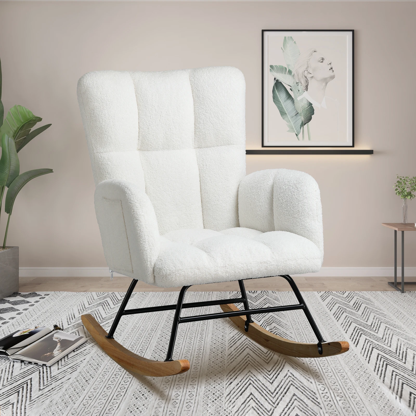 Anajqaqia Rocking Chair, Armchair, Upholstered Swing Chair with High Backrest, for Living Room Bedroom Balcony, Lambswool, Beige