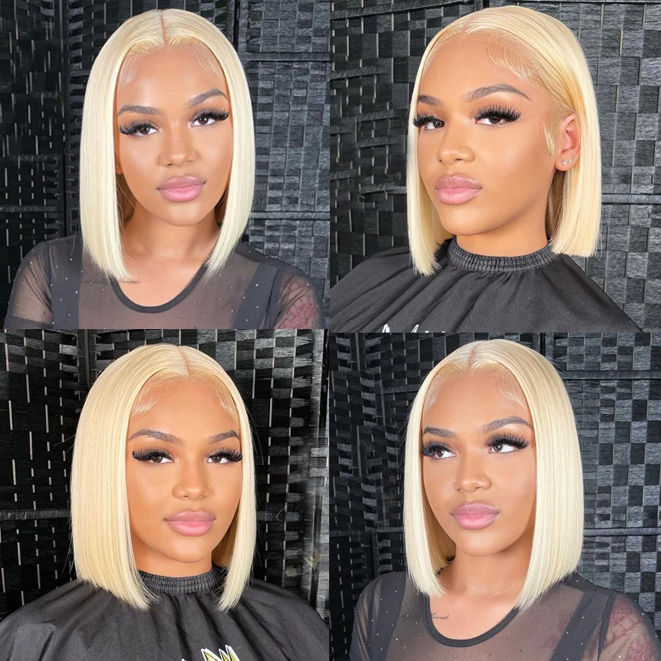 200 % gerade 613 honigblonde kurze Bob-Perücke, transparente Spitze-Front-Echthaar-Perücken, farbig, 13 x 4 transparente Spitze-Frontal-Perücke