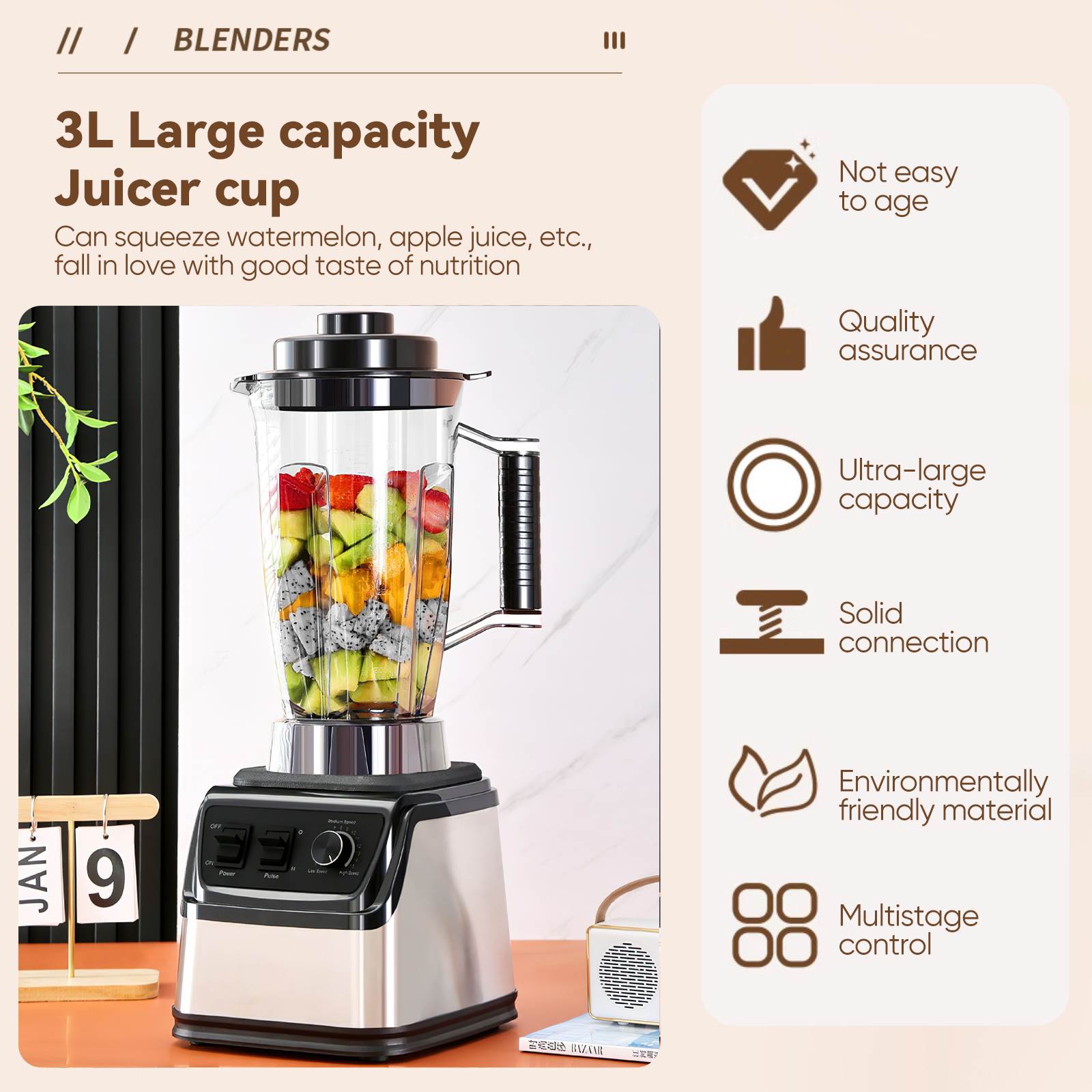 Power Blender Juicer e Smoothie Maker, Liquidificadores de mesa 3in 1, Recipiente 3L, Processador de alimentos para gelo, nozes, frutas, 9500W