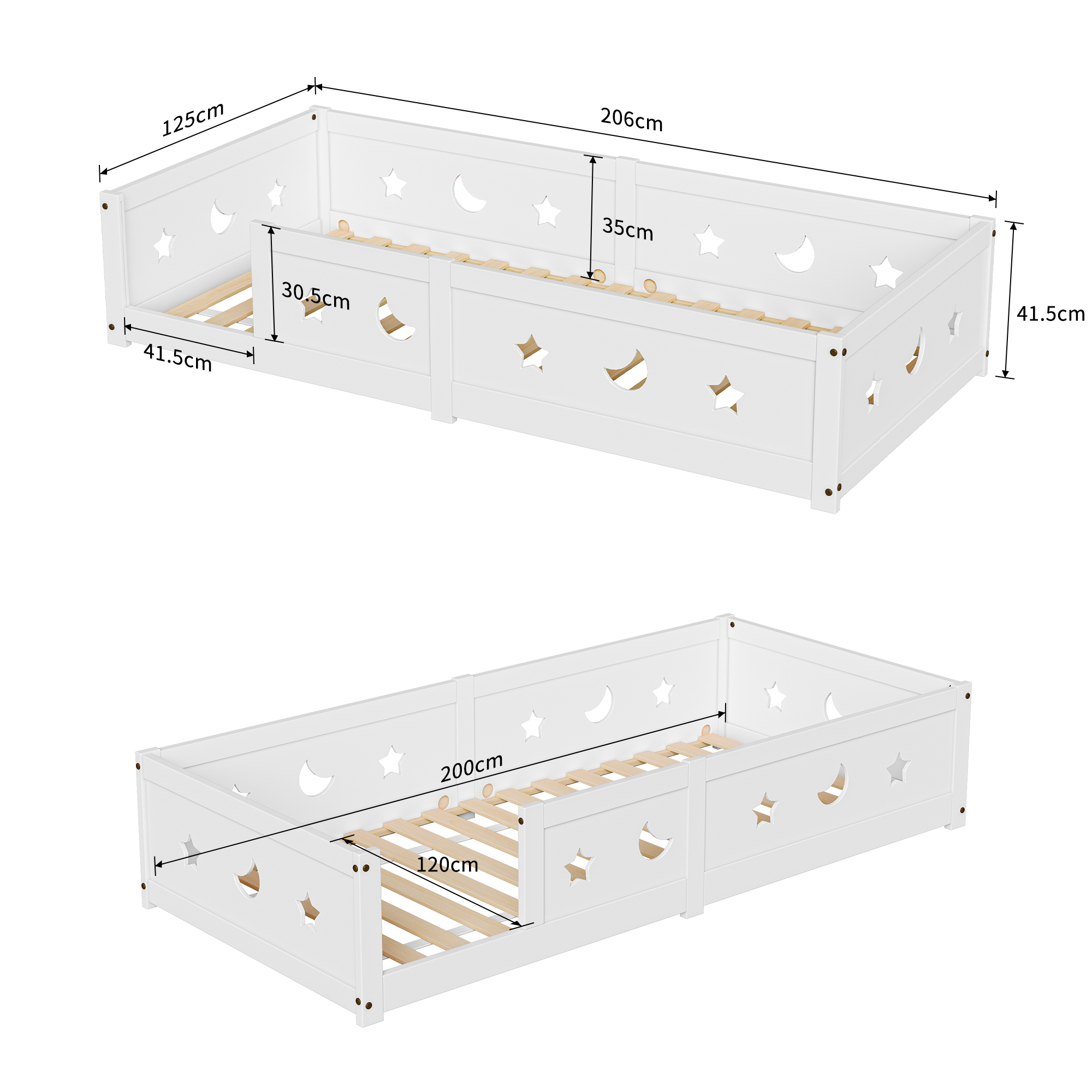 Łóżko dziecięce RosahqndaKids Collective Montessori 90x200 cm z zabezpieczeniem przed upadkiem i ramą do zjeżdżania, łóżko pojedyncze 140x200 cm 120x200 cm