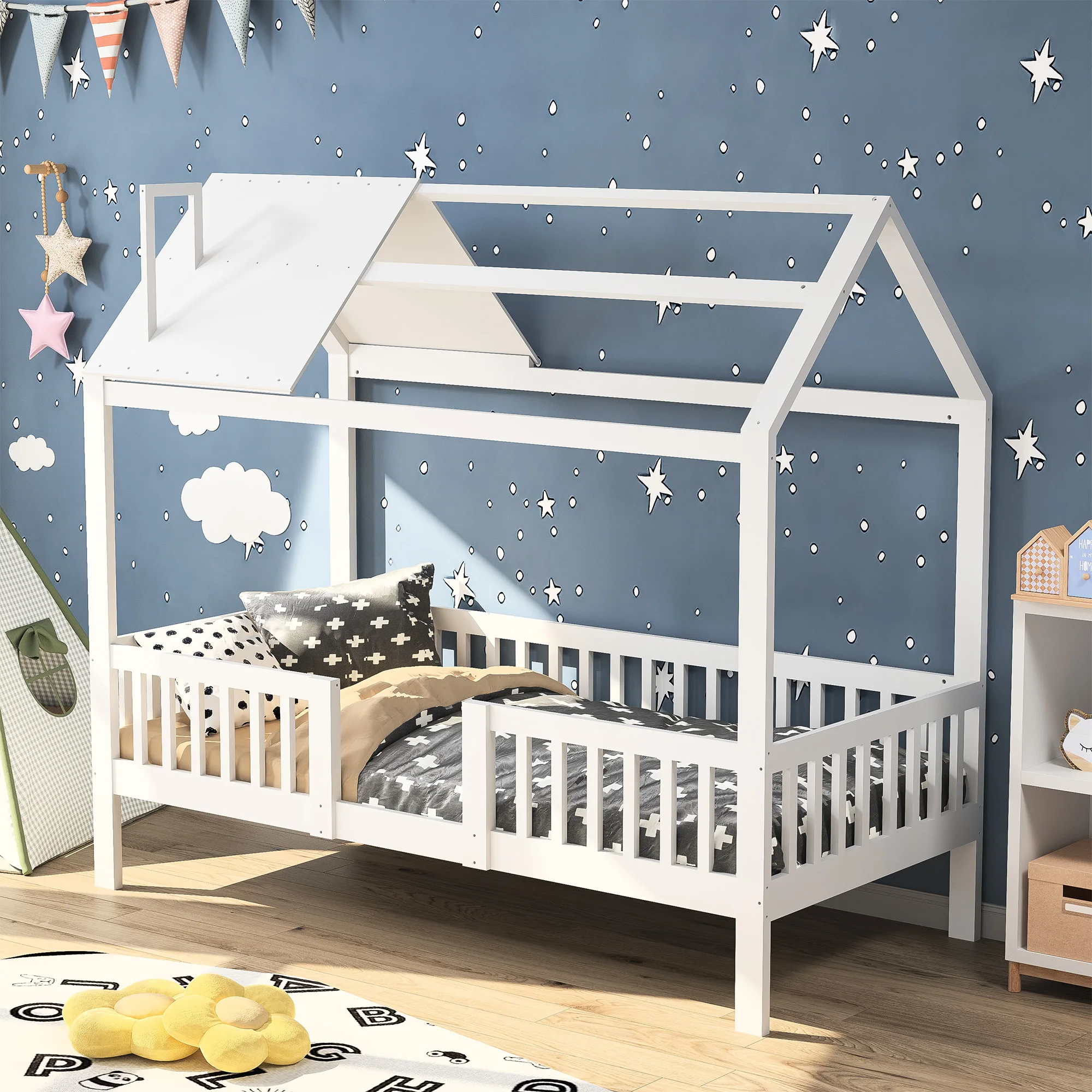Cama infantil 90 x 200 cm, sofá cama em madeira maciça, cama branca menino e menina com telhado engraçado e cerca de segurança