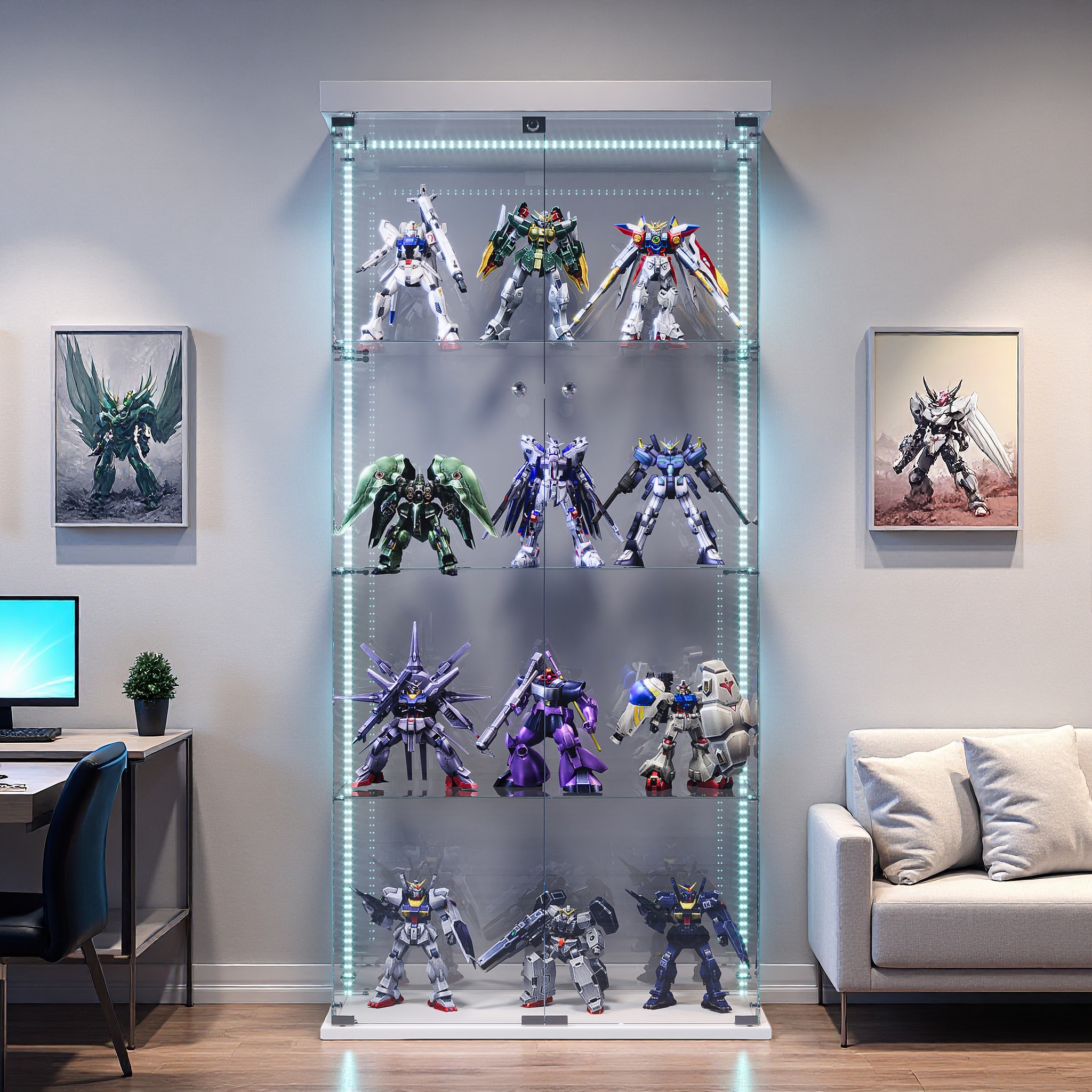 Vitrina de cristal, vitrina autoportante con iluminación LED, 4 estantes, vitrina de coleccionista, vitrina, mueble para salón y estudio