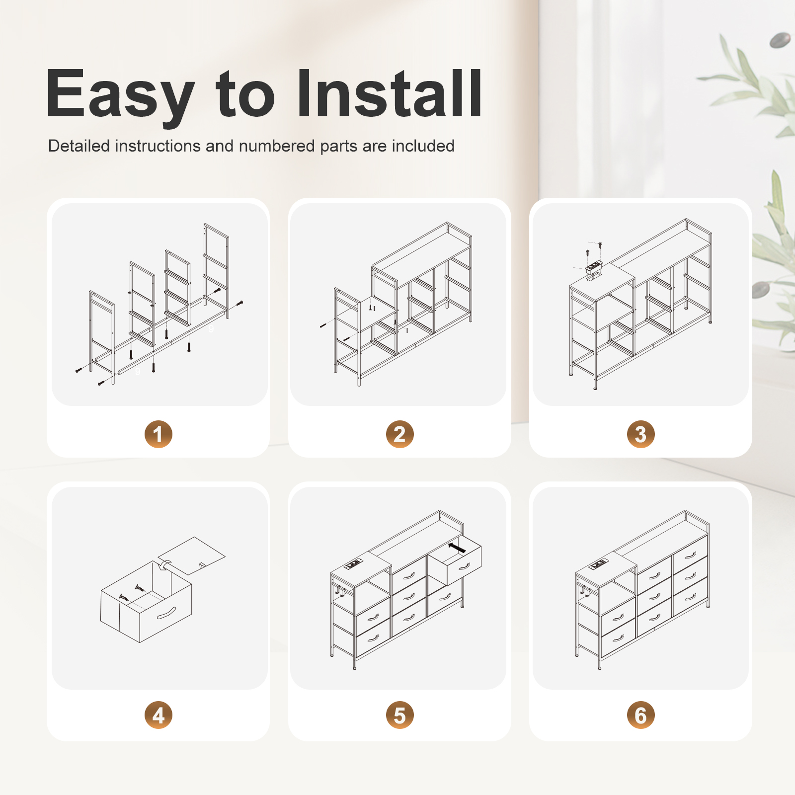 Home Organization Storage Cabinet 8 Drawer Chest with Charging Station Fabric Drawers Hooks for Living Room Bedroom