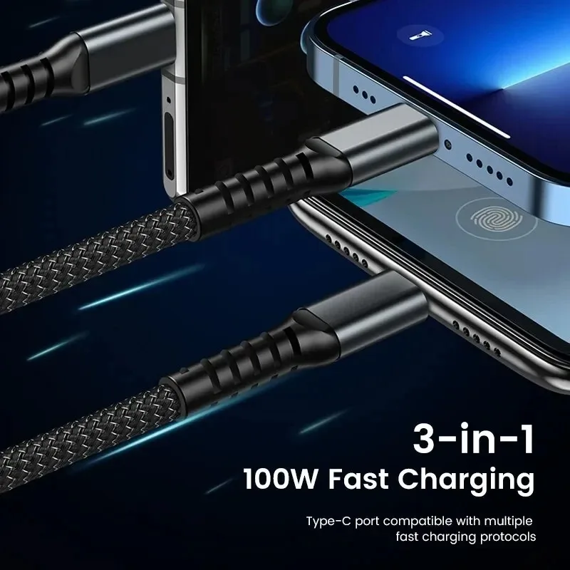 3 in 1 100W Fast Charging Cable USB Type C Cable For iPhone Realme Samsung Huawei 50 pro Micro Usb C Charger Charging Cable Wire