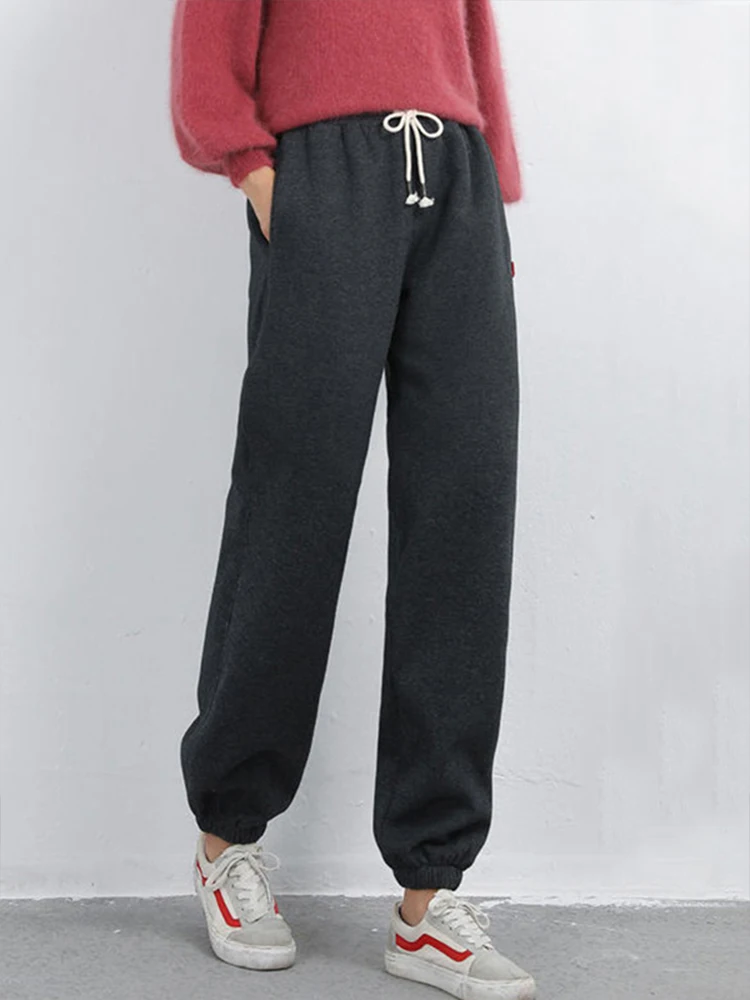 Calça de lã com harém feminino, corredores longos, calça quente, casual esportiva, monocromática, Y2K, inverno