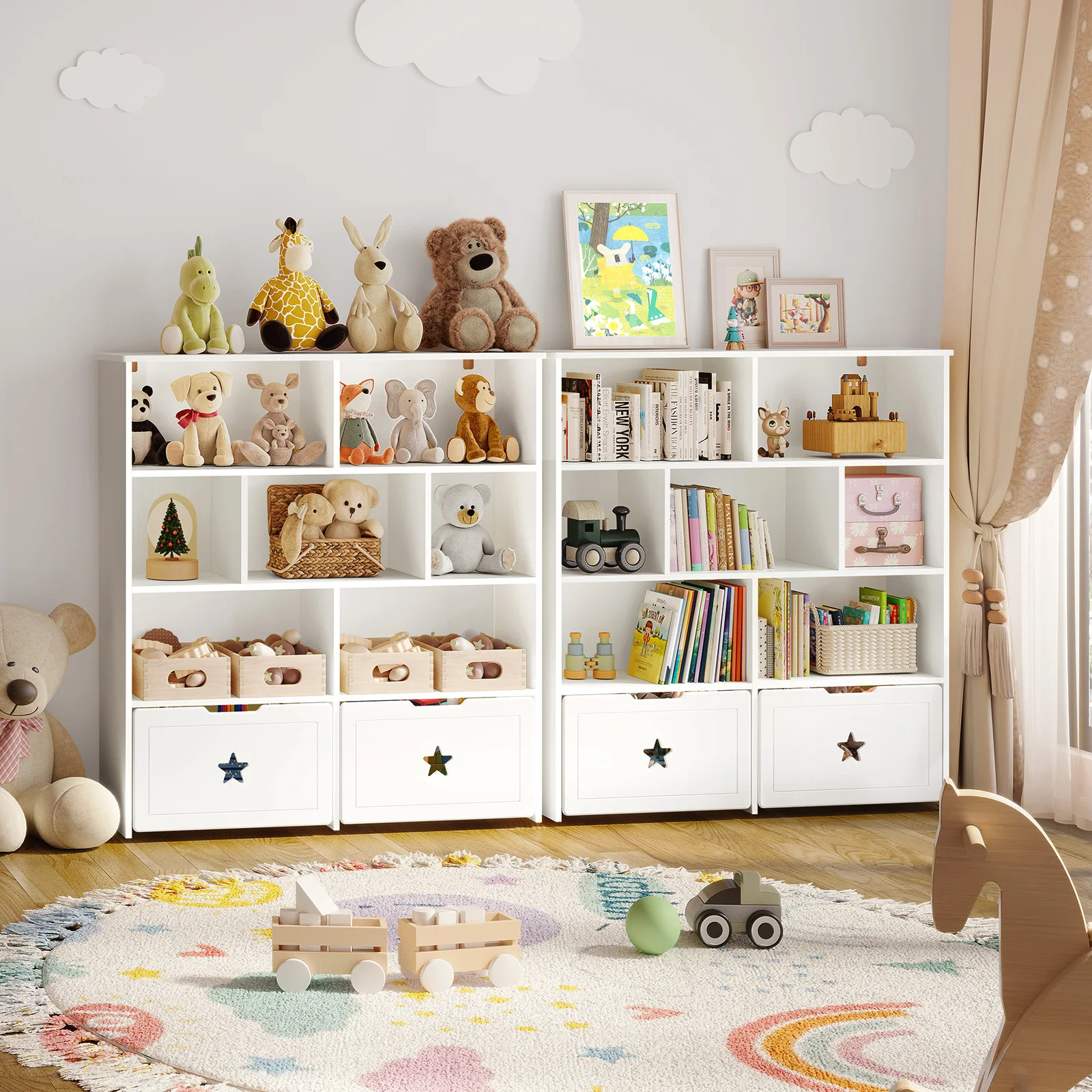 46" Toy Shelf for Kids Rooms,Cute Star Toy Storage Cabinet,Kids Bookshelf,Kids Bookcase with 7 Cubbies & 2 Rolling Drawers