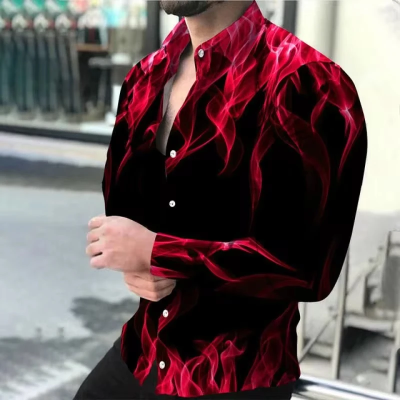 แฟชั่นผู้ชายใหม่เสื้อ Turn-Down COLLAR Buttoned เสื้อฤดูใบไม้ผลิและฤดูใบไม้ร่วงสบายๆเปลวไฟพิมพ์เสื้อแขนยาวบุรุษเสื้อผ้า