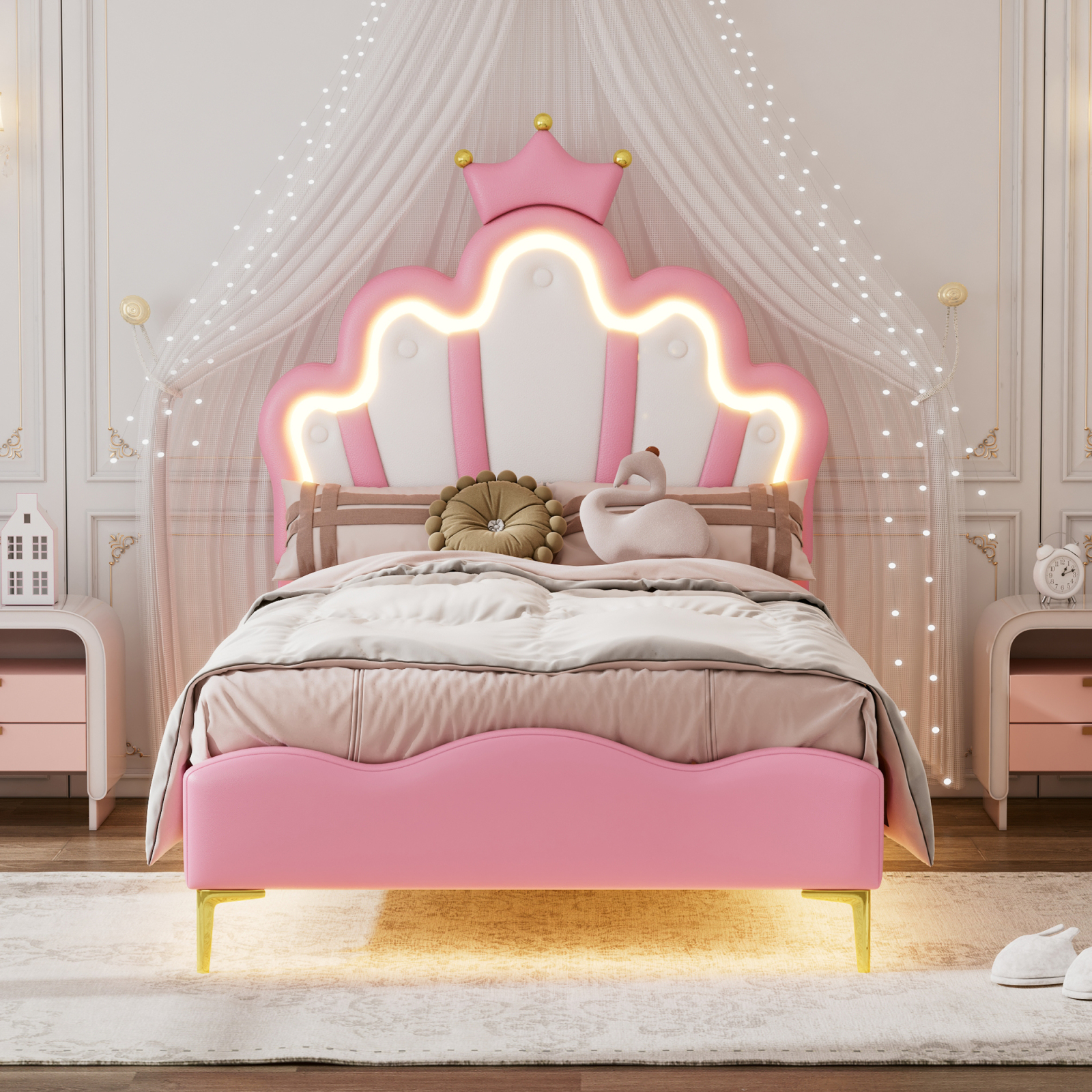 Rosahqnda Kinderbett 90‑140×200cm mit LED & Schubladen Prinzessinnenbett Kronenbett Blütenblattbett Einzel Doppel,Samt,PU