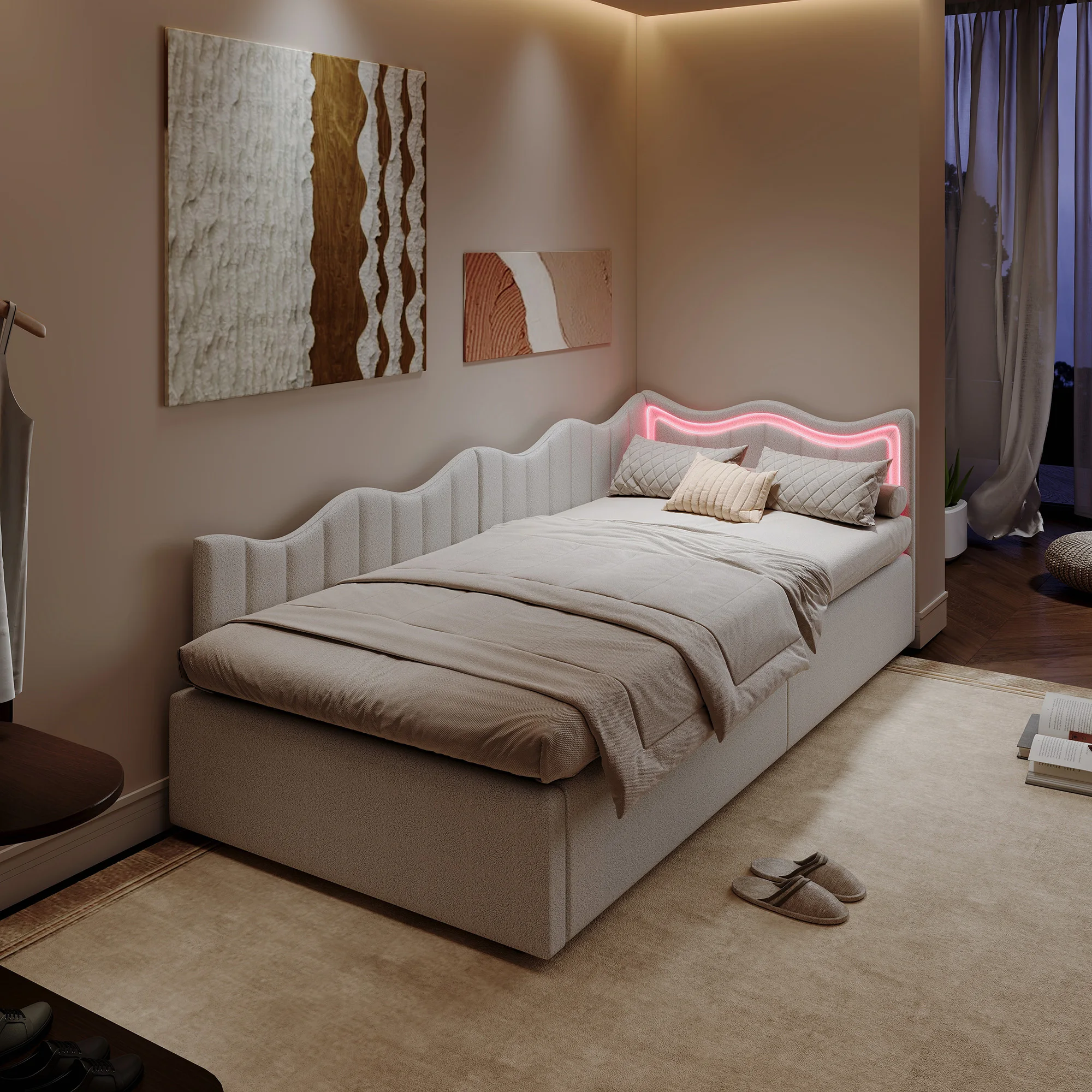 Łóżko dziecięce Rosahqnda 90*200cm Łóżko pojedyncze Sofa tapicerowana Łóżko dmuchane Łóżko młodzieżowe Beżowy aksamit Biały pluszowy miś Biuro