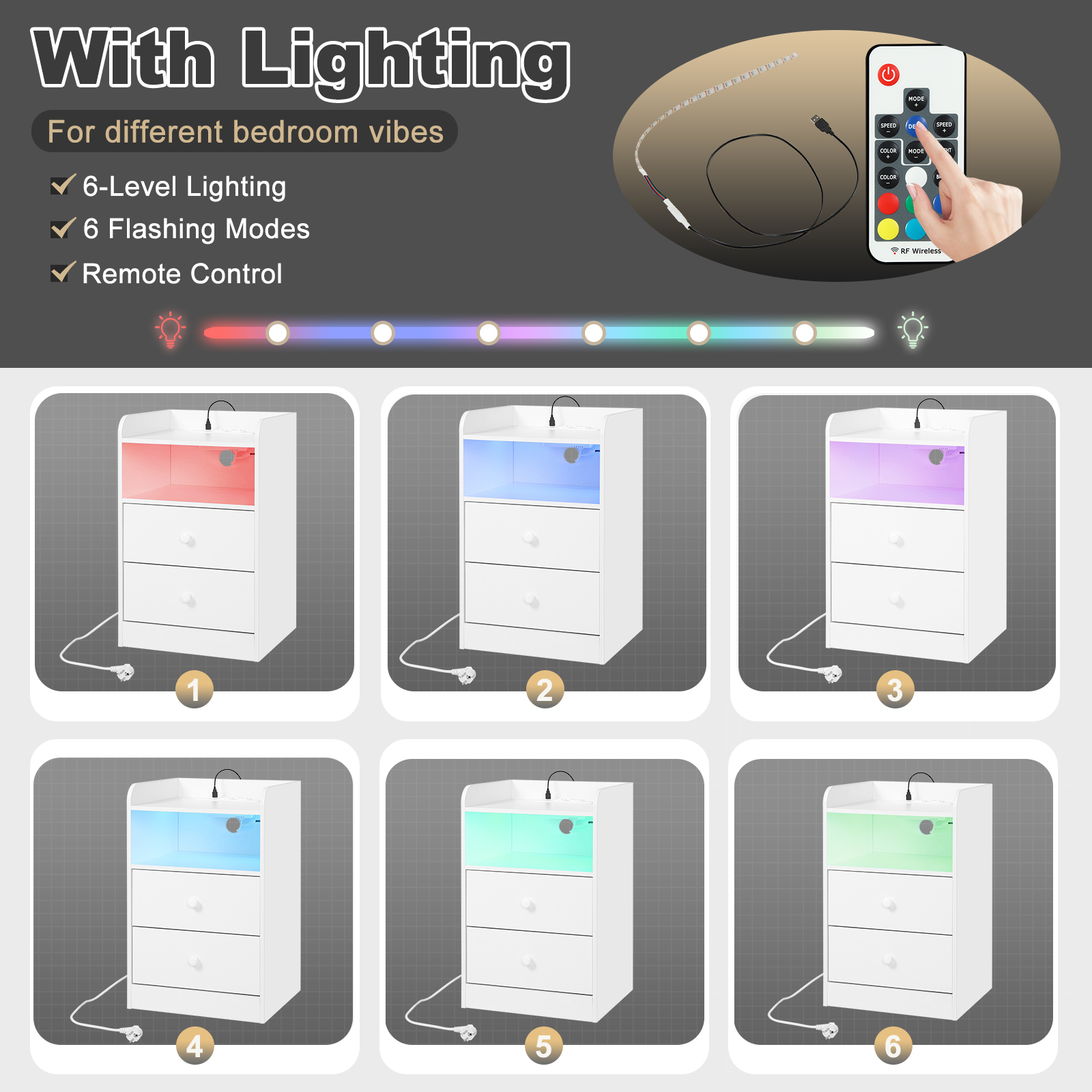 Table de chevet avec station de charge, prises USB, ports, table d'appoint avec lumière LED, table de chevet, chambre à coucher en bois