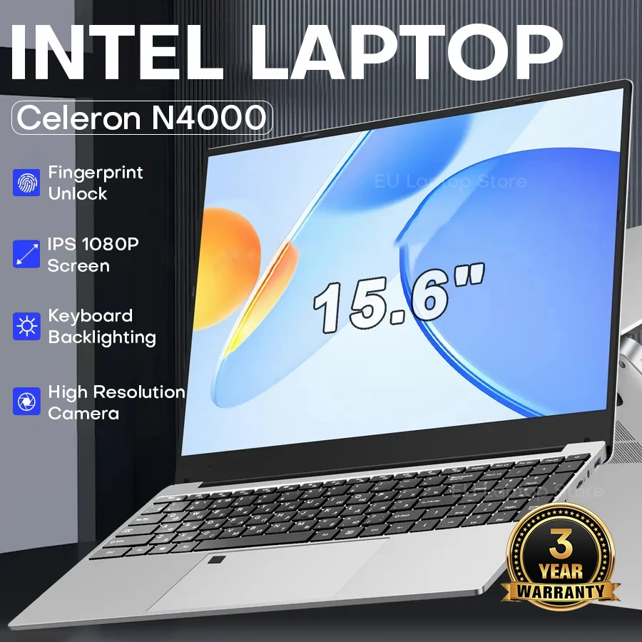 Erilles 15,6" Intel Notebook PC Ultraslanke laptop Intel Celeron N4000 16GB RAM 1TB 2TB SSD Kantoorstudie Computer PC Windows 11