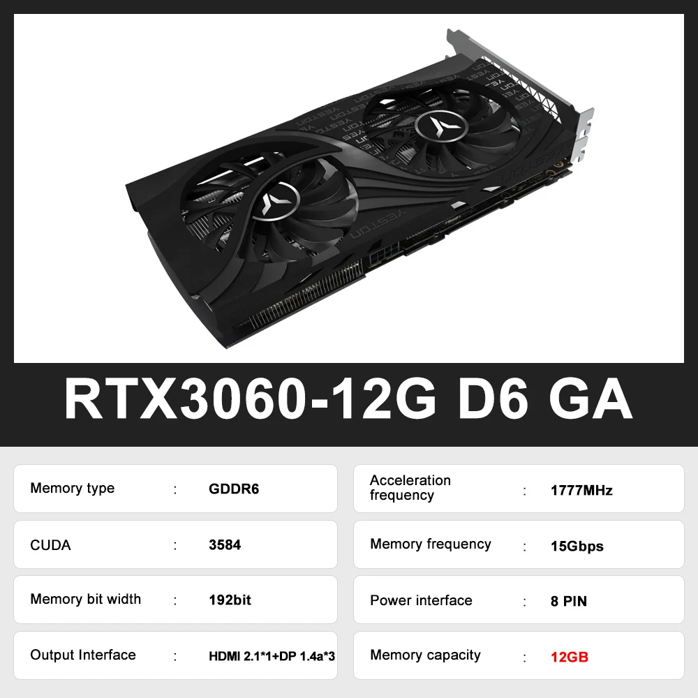 USED YESTON Graphic Card GDDR6 NVIDIA rtx 3060 12G Gaming GPU Video Cards rtx 3060TI rtx3050 rtx3070 rtx3080 placa de vídeo