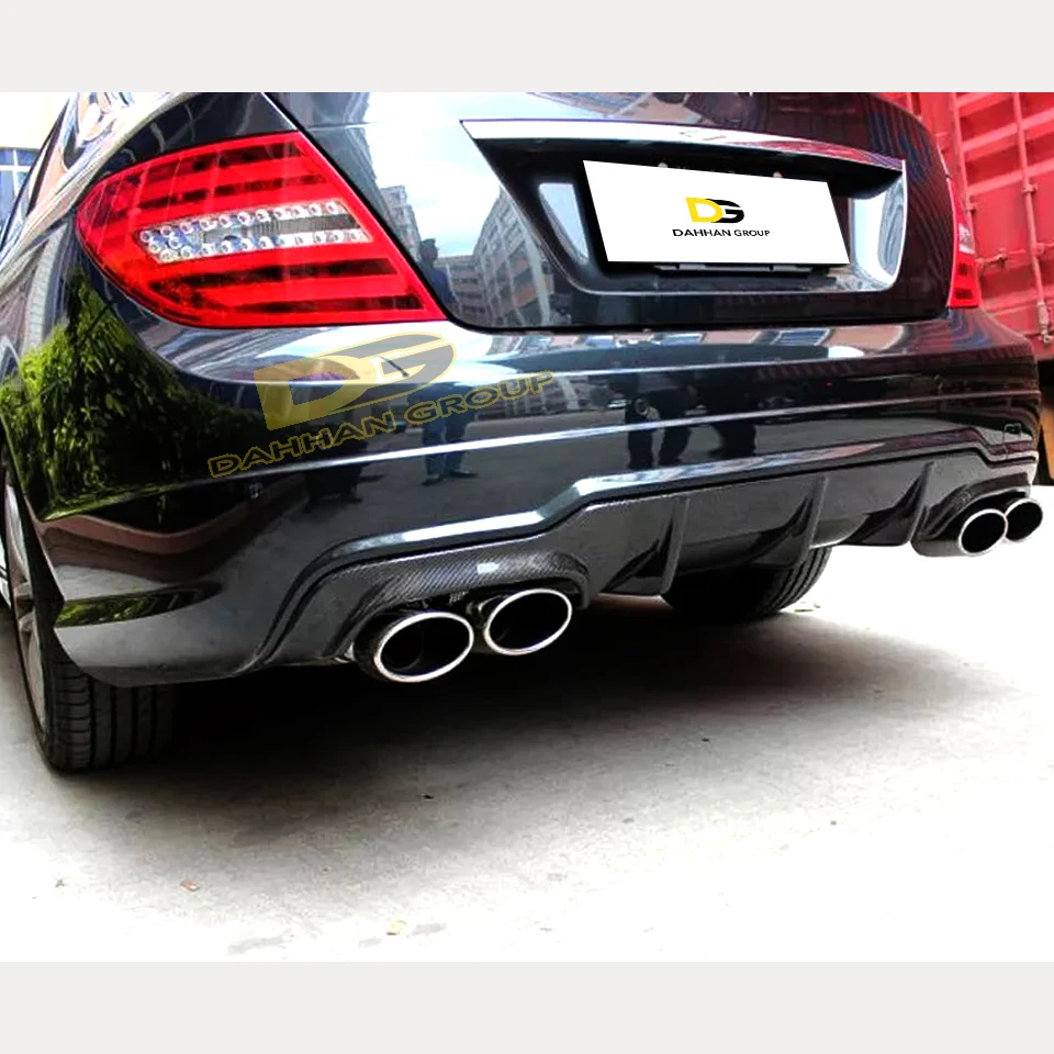 Merc. C Class W204 Facelift 2011 - 2014 AMG Model Rear Diffuser Left and Right Double Outputs Piano Gloss Black Surface Plastic